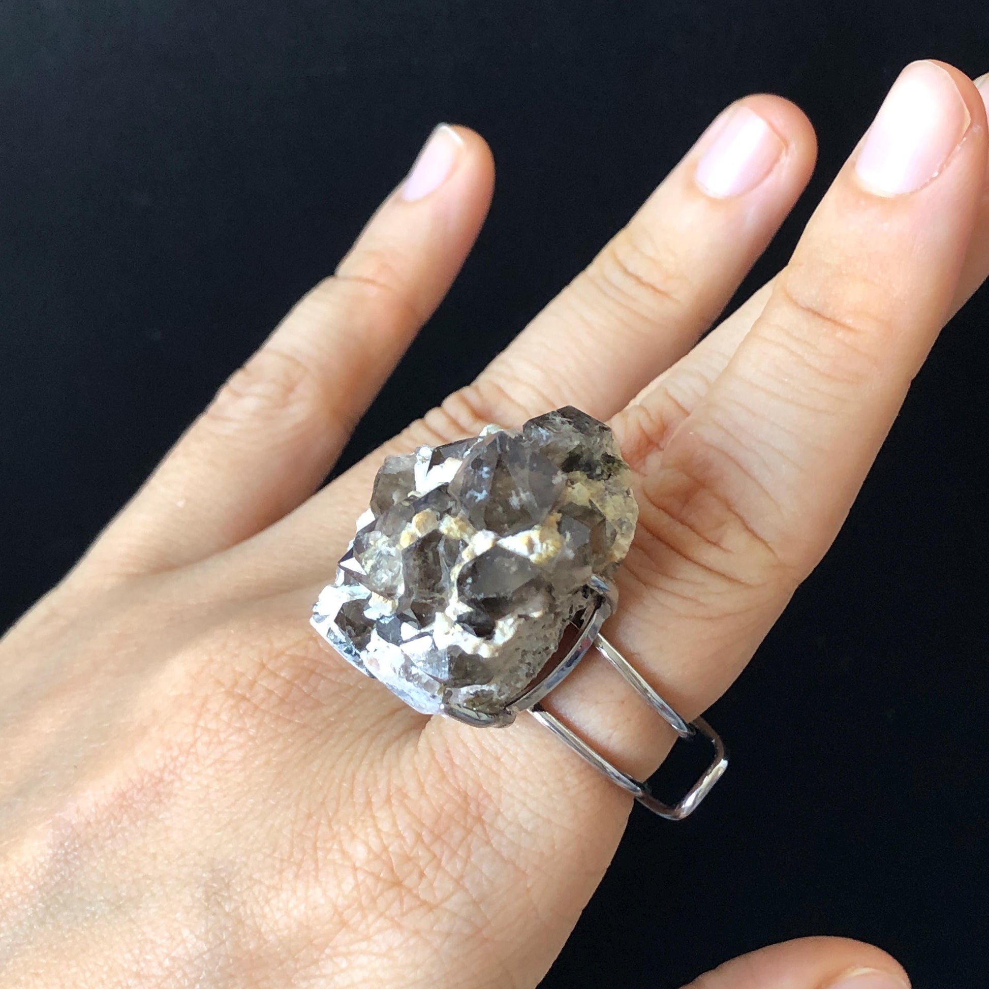 Smoky Quartz Feldspar Ring, silver-plated copper ring, Icy Grey Stone, Adjustable Statement Band Ring, Root Chakras, June Birthstone, Capricorn Sign, chunky raw crystal ring, irregular ring for men and women,  raw mineral ring, birthstone ring