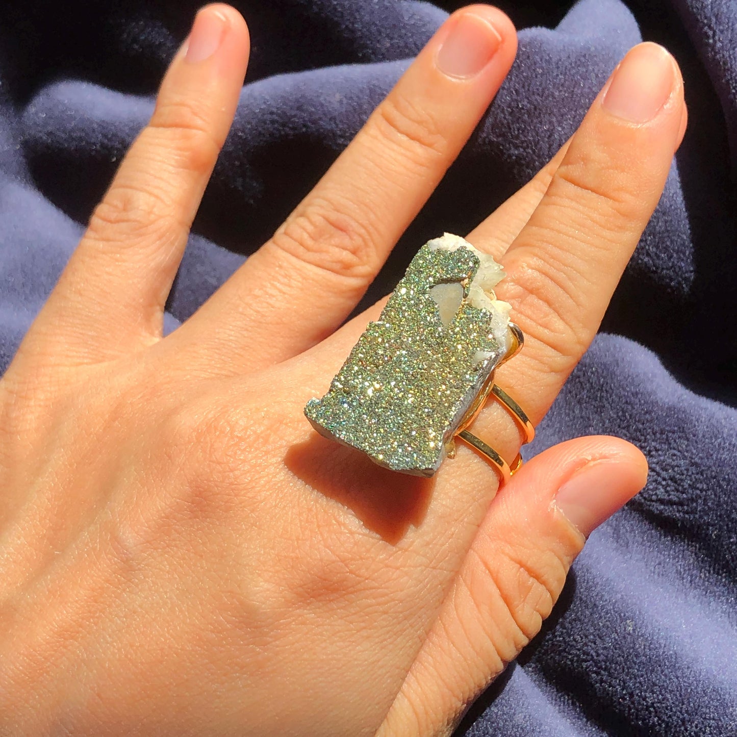 Raw Rainbow Pyrite & Calcite Ring, Raw Stone Ring, Sparky Big Raw Crystal Ring, Large Statement Ring men women, Chunky Irregular Stone Ring Gift, Huge Crystal Ring, Shiny Crystal Ring, Large Cocktail Ring, gold-plated copper ring, abundance stone