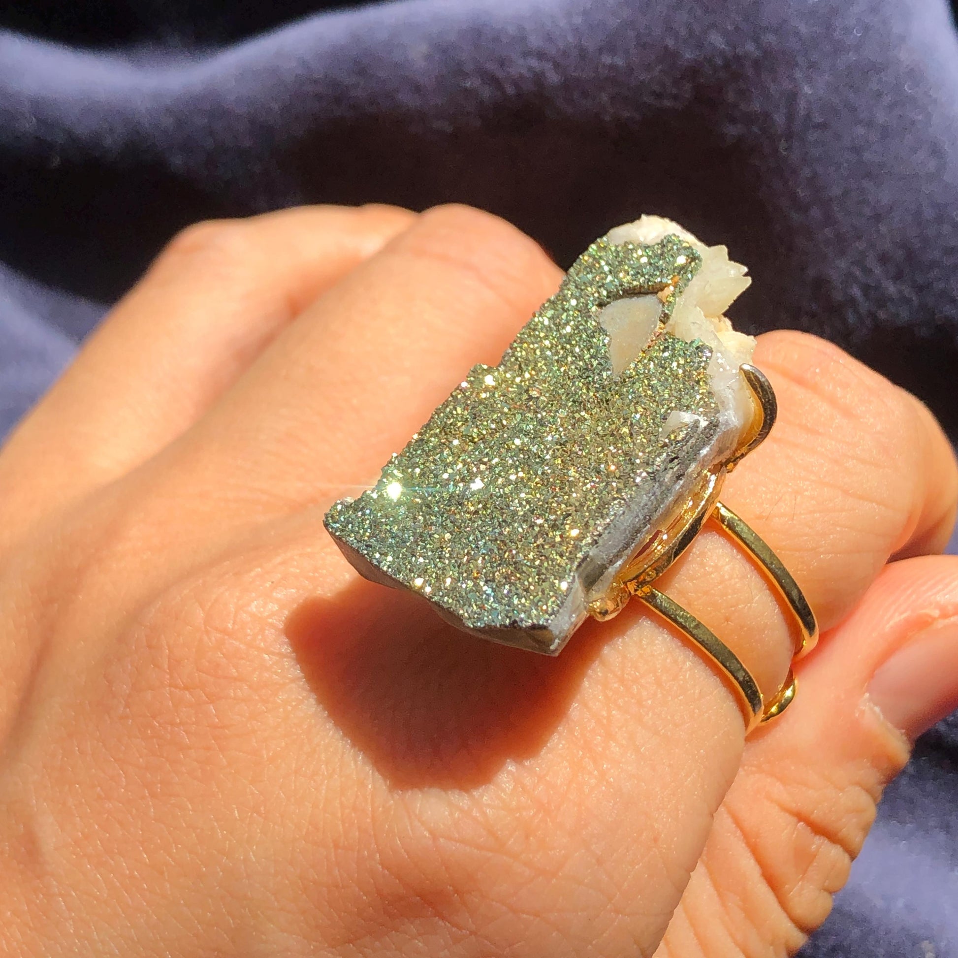 Raw Rainbow Pyrite & Calcite Ring, Raw Stone Ring, Sparky Big Raw Crystal Ring, Large Statement Ring men women, Chunky Irregular Stone Ring Gift, Huge Crystal Ring, Shiny Crystal Ring, Large Cocktail Ring, gold-plated copper ring, abundance stone