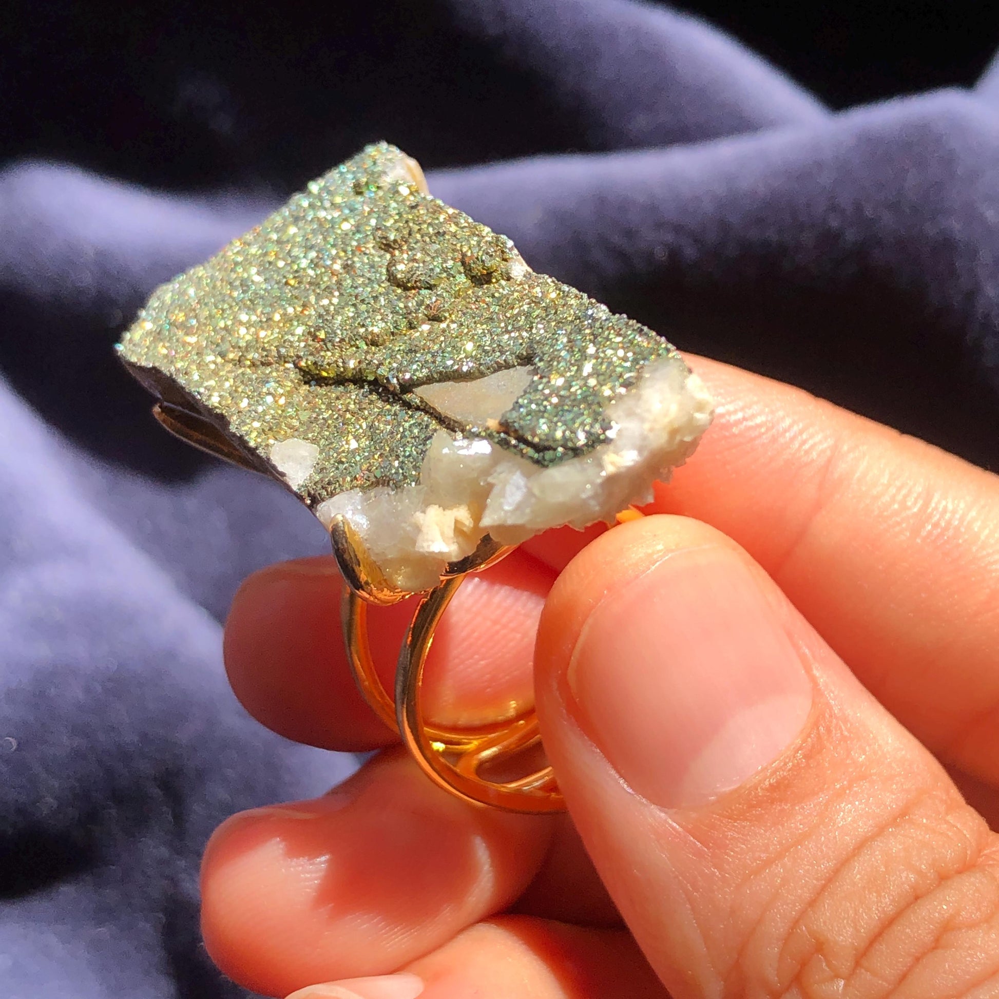 Raw Rainbow Pyrite & Calcite Ring, Raw Stone Ring, Sparky Big Raw Crystal Ring, Large Statement Ring men women, Chunky Irregular Stone Ring Gift, Huge Crystal Ring, Shiny Crystal Ring, Large Cocktail Ring, gold-plated copper ring, abundance stone