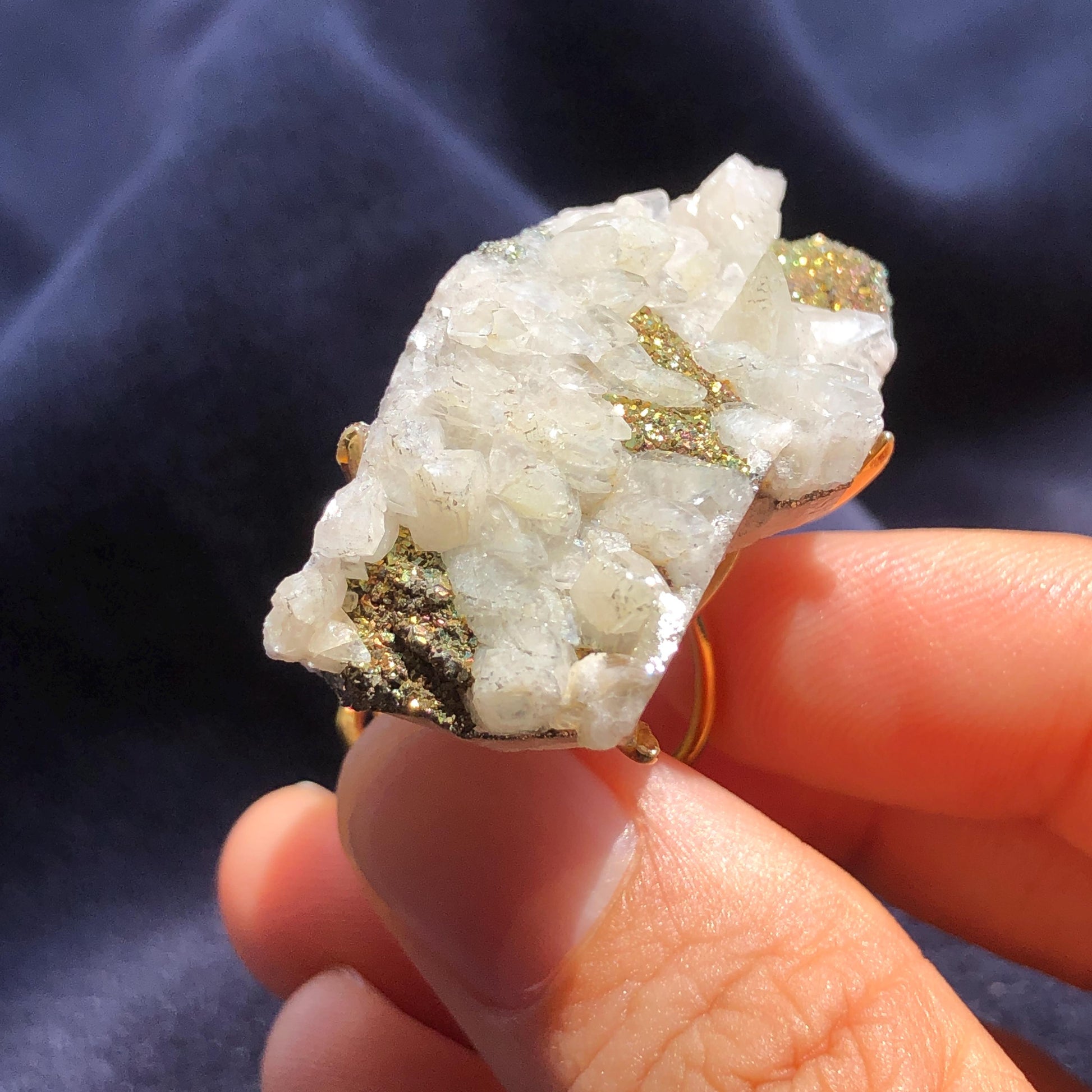 Raw Rainbow Pyrite & Calcite Ring, Raw Stone Ring, Sparky Big Raw Crystal Ring, Large Statement Ring men women, Chunky Irregular Stone Ring Gift, Shiny Huge Crystal Ring, Birthstone Ring, Large Cocktail Ring, gold-plated copper ring, abundance stone