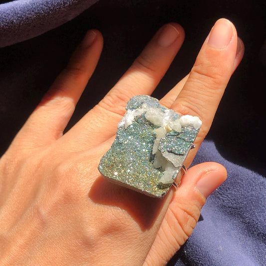 Raw Rainbow Pyrite & Calcite Ring, Raw Stone Ring, Sparky Big Raw Crystal Ring, Large Statement Ring men women, Chunky Irregular Stone Ring Gift, Huge Crystal Ring, Shiny Crystal Ring, Large Cocktail Ring, silver-plated copper ring, abundance stone