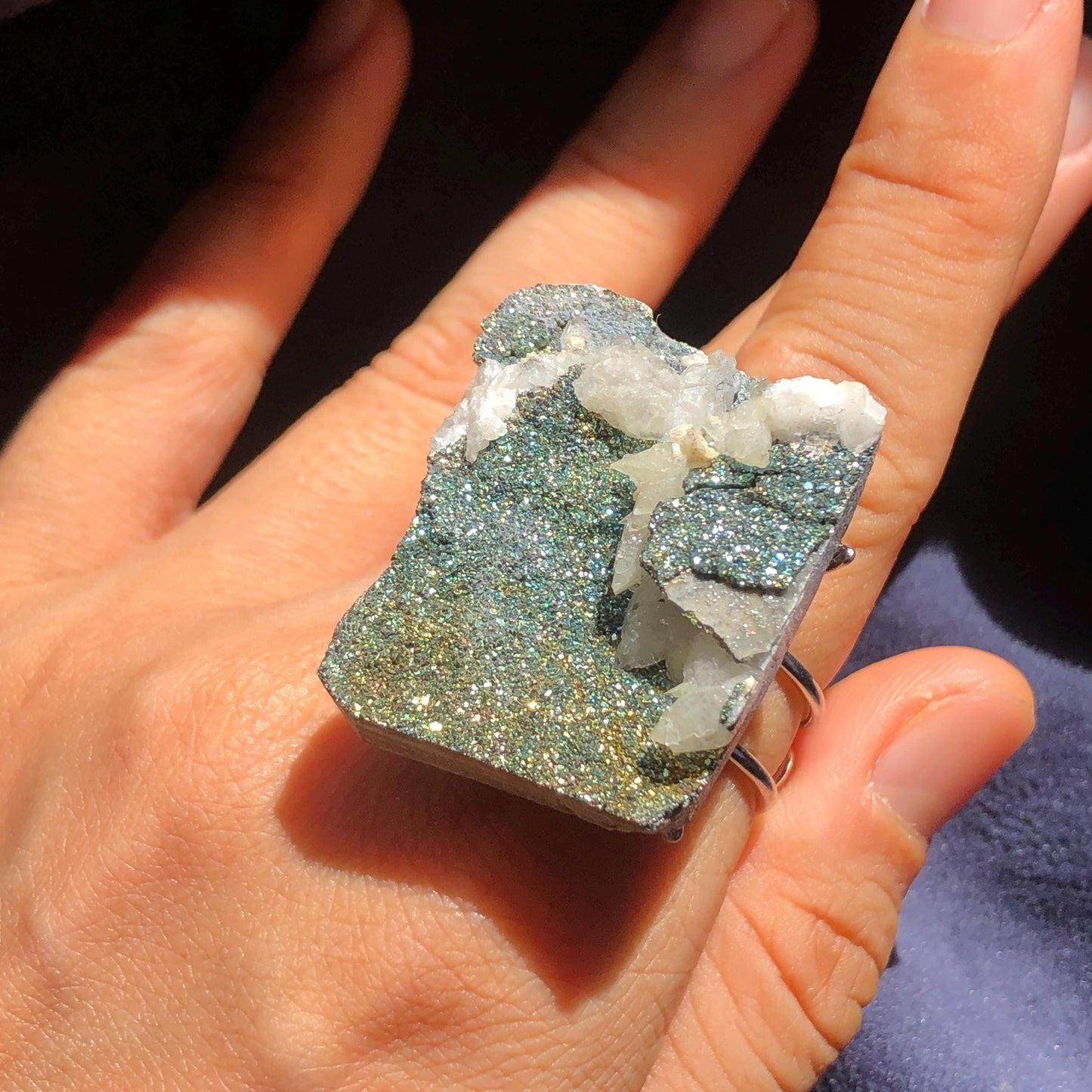 Raw Rainbow Pyrite & Calcite Ring, Raw Stone Ring, Sparky Big Raw Crystal Ring, Large Statement Ring men women, Chunky Irregular Stone Ring Gift, Huge Crystal Ring, Shiny Crystal Ring, Large Cocktail Ring, silver-plated copper ring, abundance stone