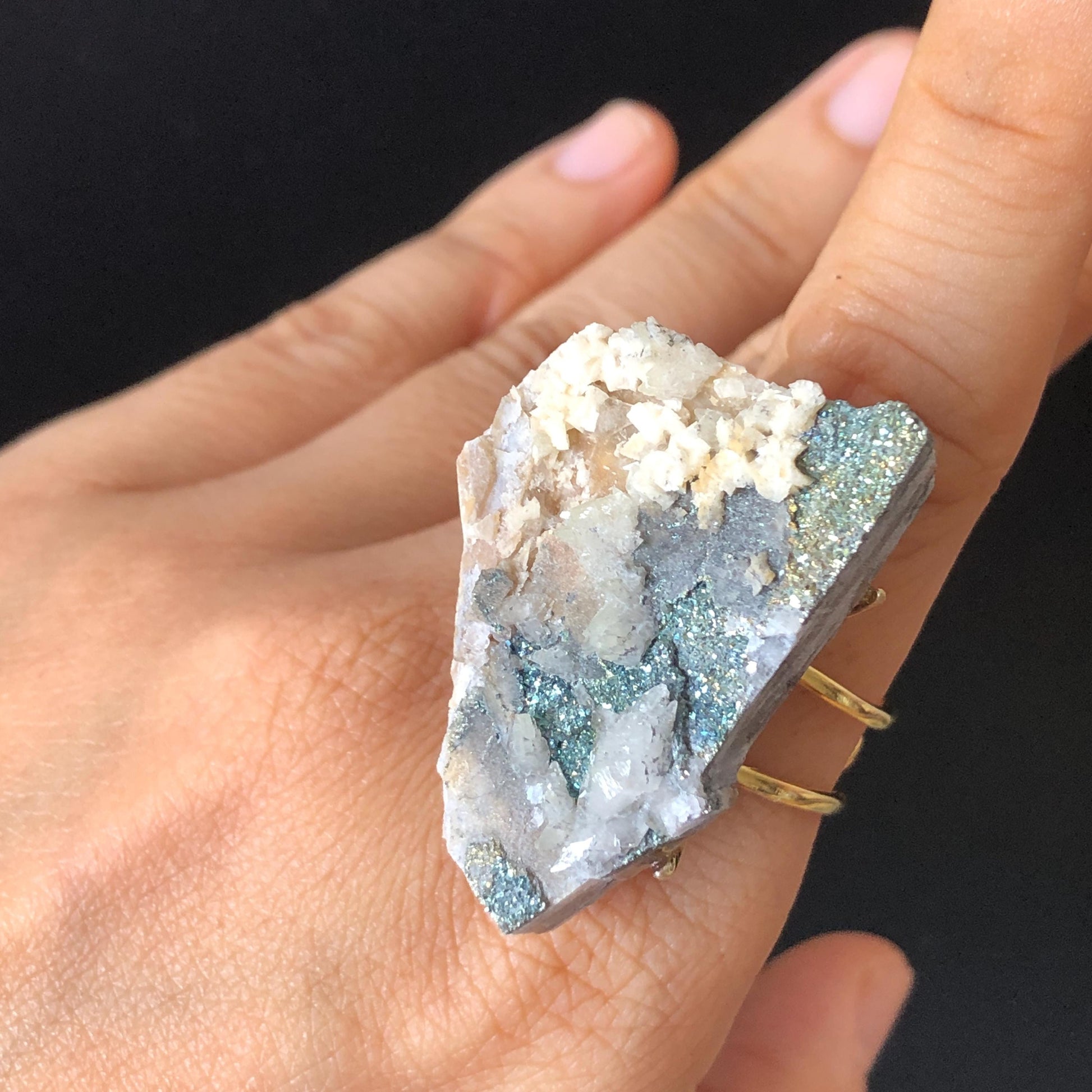 Raw Rainbow Pyrite & Calcite Ring, Raw Stone Ring, Big Raw Crystal Ring, Large Statement Ring men women, Chunky Irregular Stone Ring Gift, Huge Crystal Ring, Shiny Crystal Ring, Large Cocktail Ring, silver-plated copper ring, abundance stone