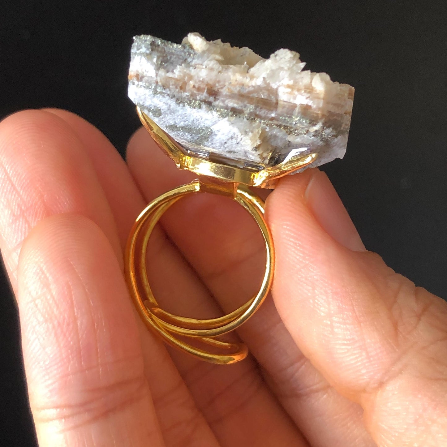 Raw Rainbow Pyrite & Calcite Ring, Raw Stone Ring, Big Raw Crystal Ring, Large Statement Ring men women, Chunky Irregular Stone Ring Gift, Huge Crystal Ring, Shiny Crystal Ring, Large Cocktail Ring, silver-plated copper ring, adjustable band ring