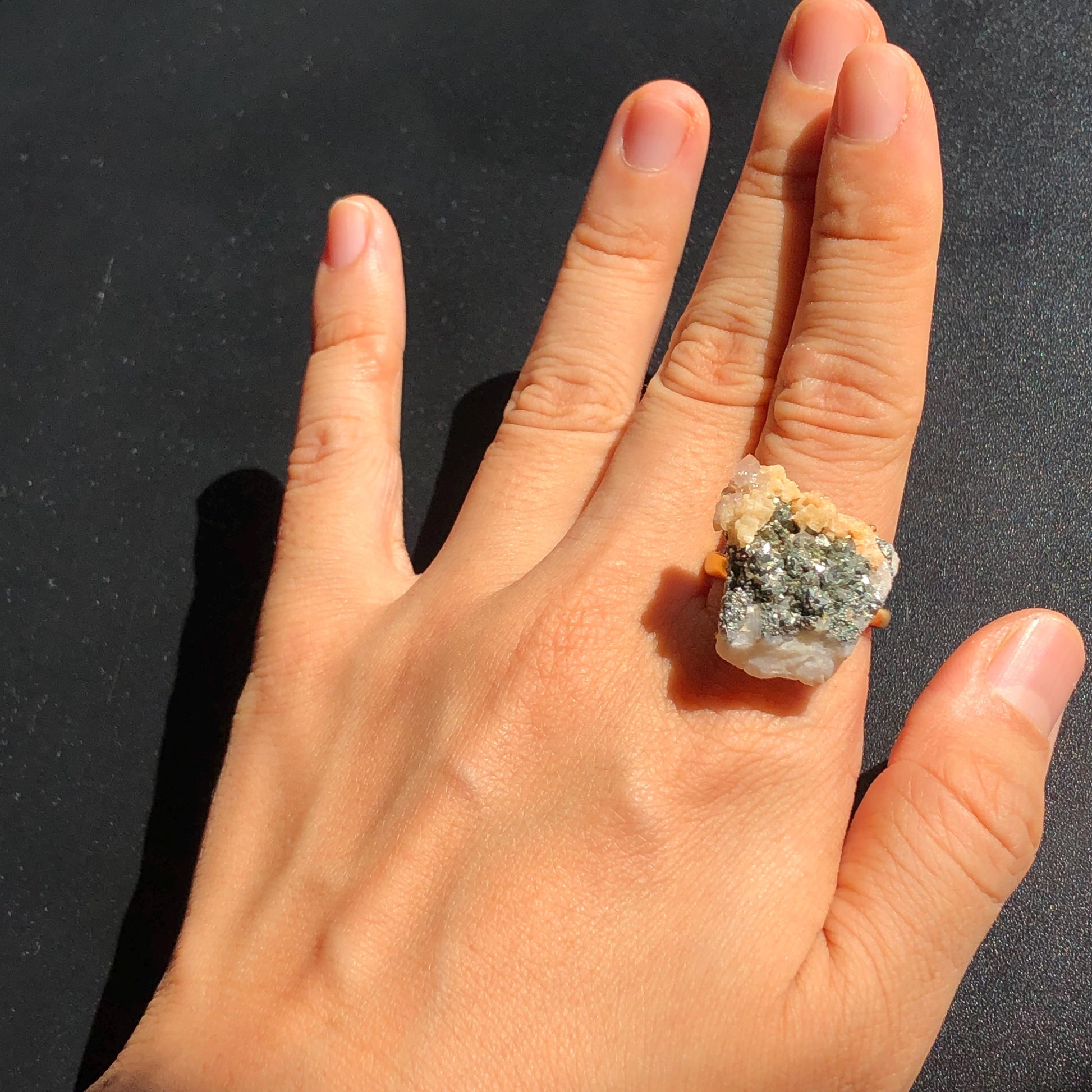 Raw Pyrite Ring with Calcite & Dolomite, Raw Stone Ring, Raw Crystal Ring, Large Statement Ring, Irregular Chunky gemstone ring, Raw mineral ring, 18k gold-plated copper ring, Crystal Band Ring, large cocktail ring, adjustable gemstone ring