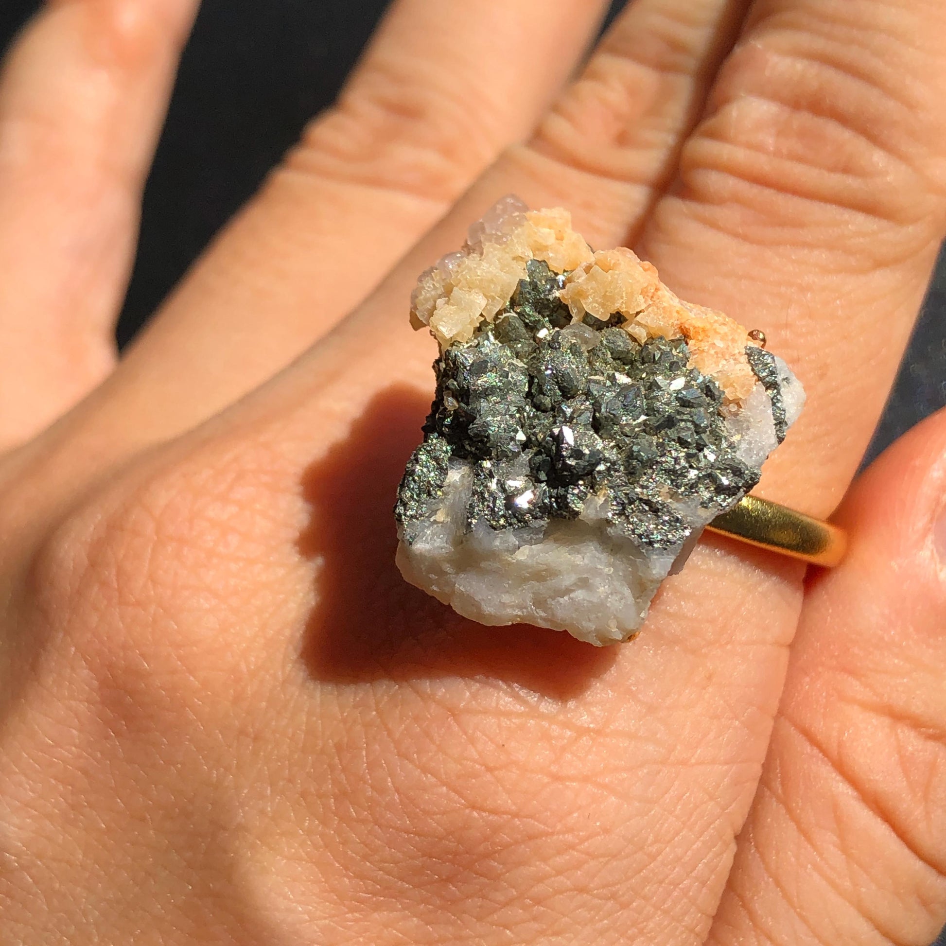 Raw Pyrite Ring with Calcite & Dolomite, Raw Stone Ring, Raw Crystal Ring, Large Statement Ring, Irregular Chunky gemstone ring, Raw mineral ring, 18k gold-plated copper ring, Crystal Band Ring, large cocktail ring, adjustable gemstone ring