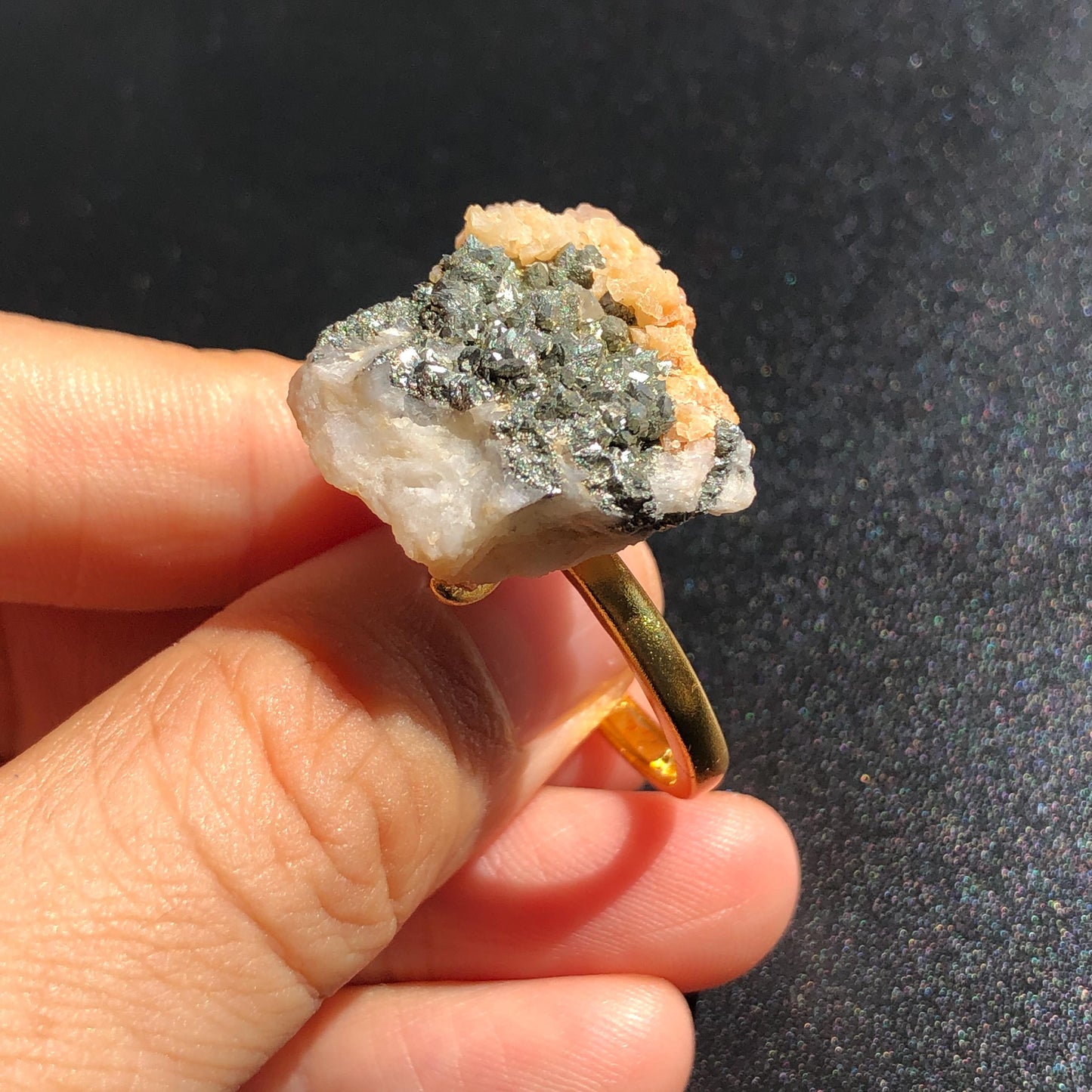 Raw Pyrite Ring with Calcite & Dolomite, Raw Stone Ring, Raw Crystal Ring, Large Statement Ring, Irregular Chunky gemstone ring, Raw mineral ring, 18k gold-plated copper ring, Crystal Band Ring, large cocktail ring, adjustable gemstone ring