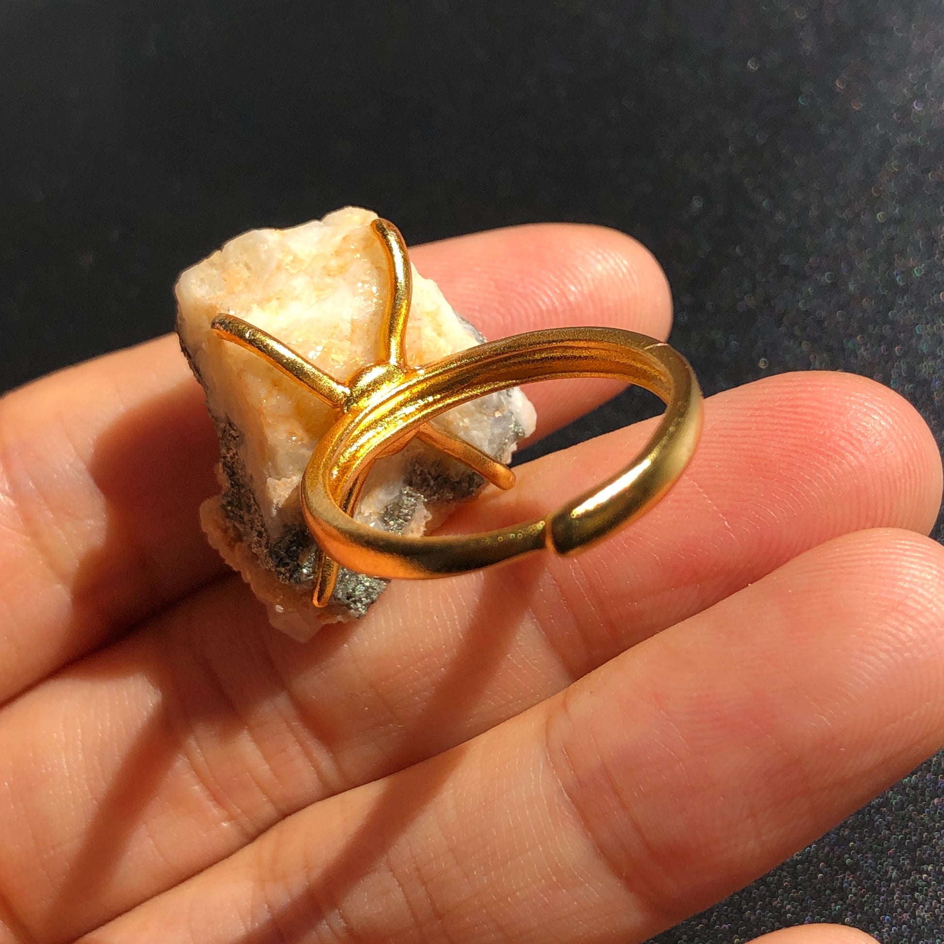 Raw Pyrite Ring with Calcite & Dolomite, Raw Stone Ring, Raw Crystal Ring, Large Statement Ring, Irregular Chunky gemstone ring, Raw mineral ring, 18k gold-plated copper ring, Crystal Band Ring, large cocktail ring, adjustable gemstone ring