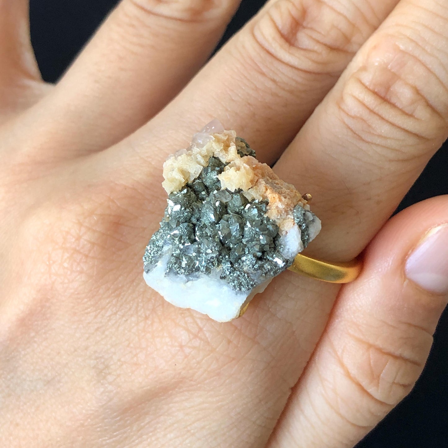 Raw Pyrite Ring with Calcite & Dolomite, Raw Stone Ring, Raw Crystal Ring, Large Statement Ring, Irregular Chunky gemstone ring, Raw mineral ring, 18k gold-plated copper ring, Crystal Band Ring, large cocktail ring, adjustable gemstone ring