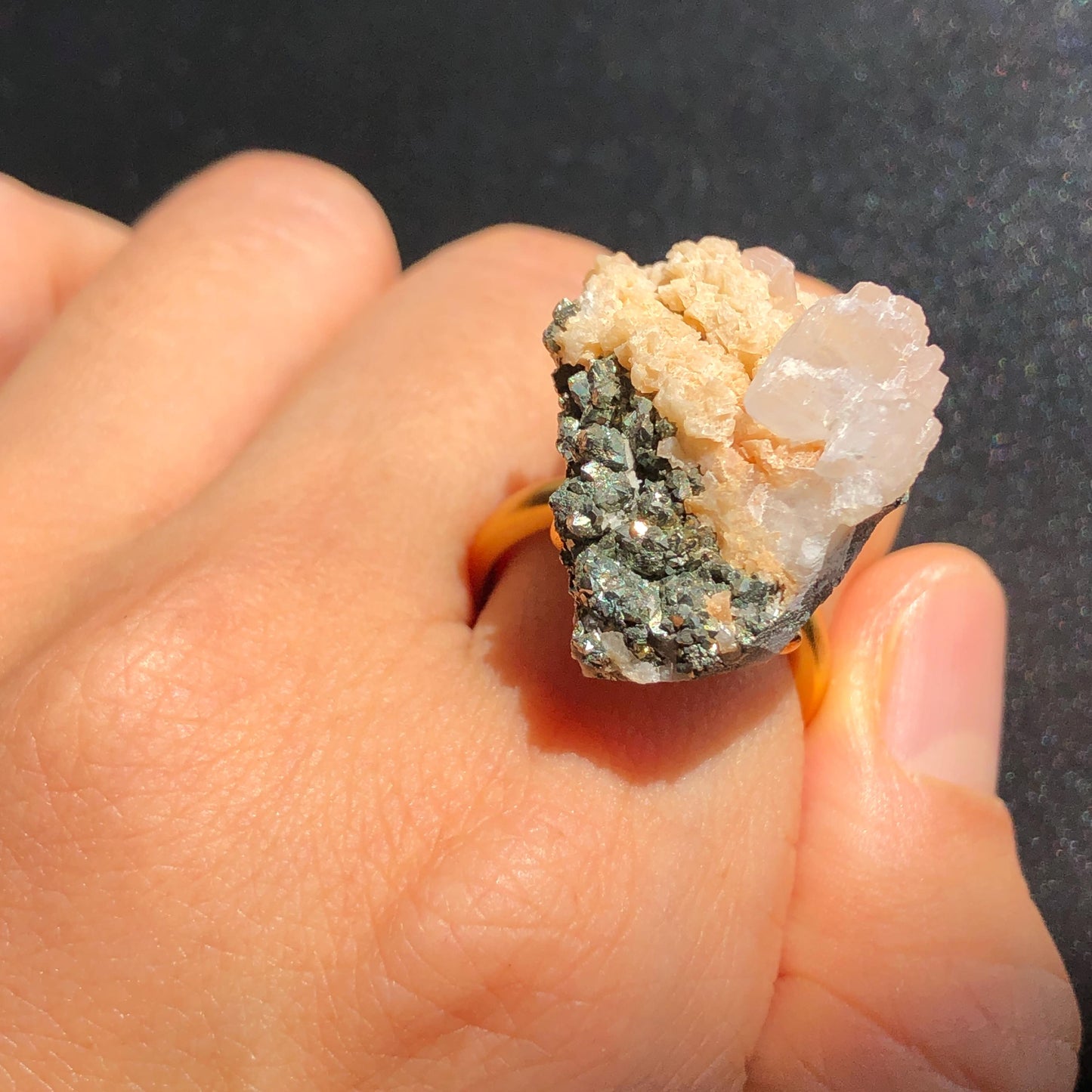 Raw Pyrite Ring with Calcite & Dolomite, Raw Stone Ring, Raw Crystal Ring, Large Statement Ring, Irregular Chunky gemstone ring, Raw mineral ring, 18k gold-plated copper ring, Crystal Band Ring, large cocktail ring, adjustable gemstone ring