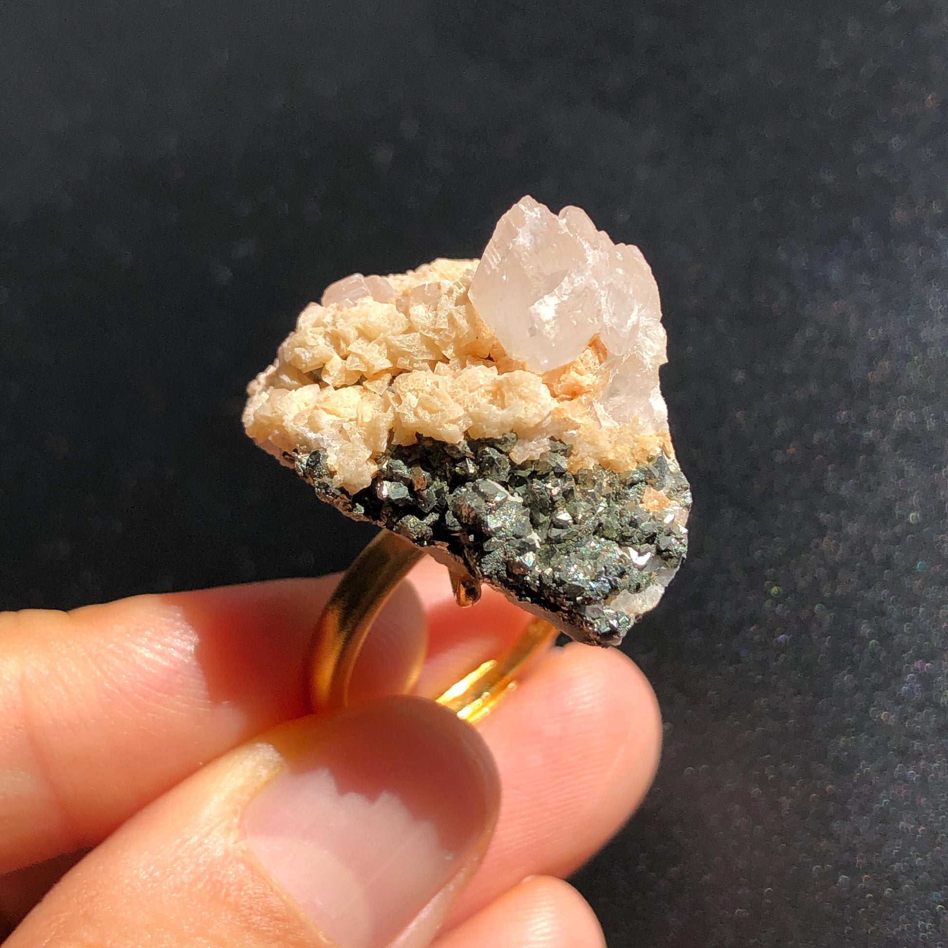 Raw Pyrite Ring with Calcite & Dolomite, Raw Stone Ring, Raw Crystal Ring, Large Statement Ring, Irregular Chunky gemstone ring, Raw mineral ring, 18k gold-plated copper ring, Crystal Band Ring, large cocktail ring, adjustable gemstone ring