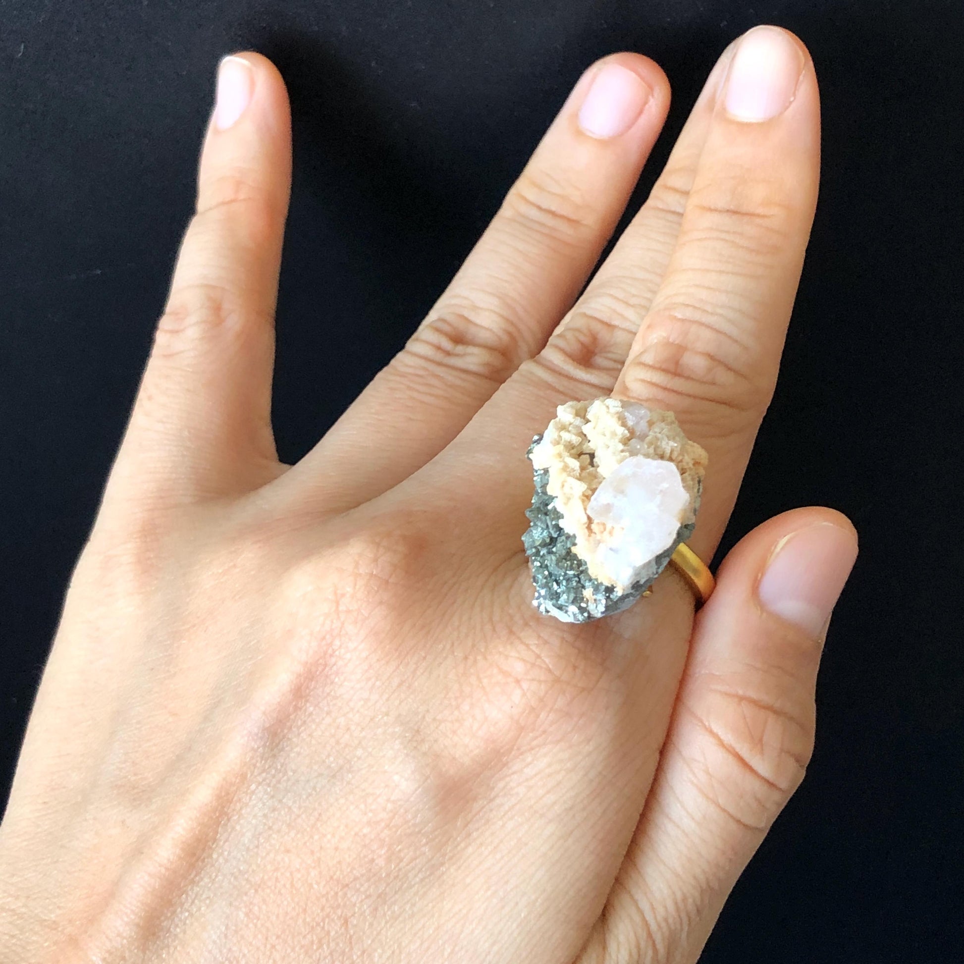 Raw Pyrite Ring with Calcite & Dolomite, Raw Stone Ring, Raw Crystal Ring, Large Statement Ring, Irregular Chunky gemstone ring, Raw mineral ring, 18k gold-plated copper ring, Crystal Band Ring, large cocktail ring, adjustable gemstone ring