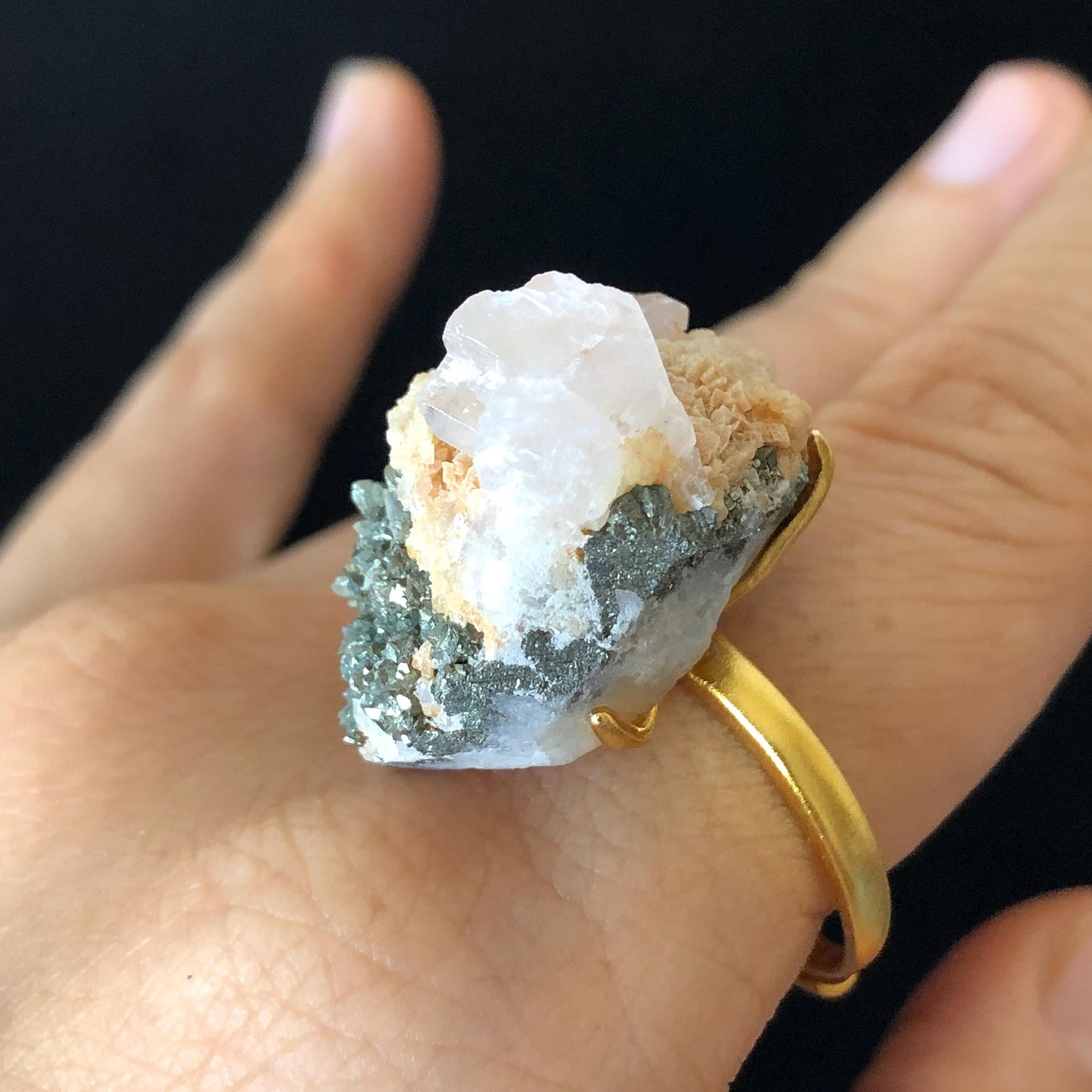 Raw Pyrite Ring with Calcite & Dolomite, Raw Stone Ring, Raw Crystal Ring, Large Statement Ring, Irregular Chunky gemstone ring, Raw mineral ring, 18k gold-plated copper ring, Crystal Band Ring, large cocktail ring, adjustable gemstone ring