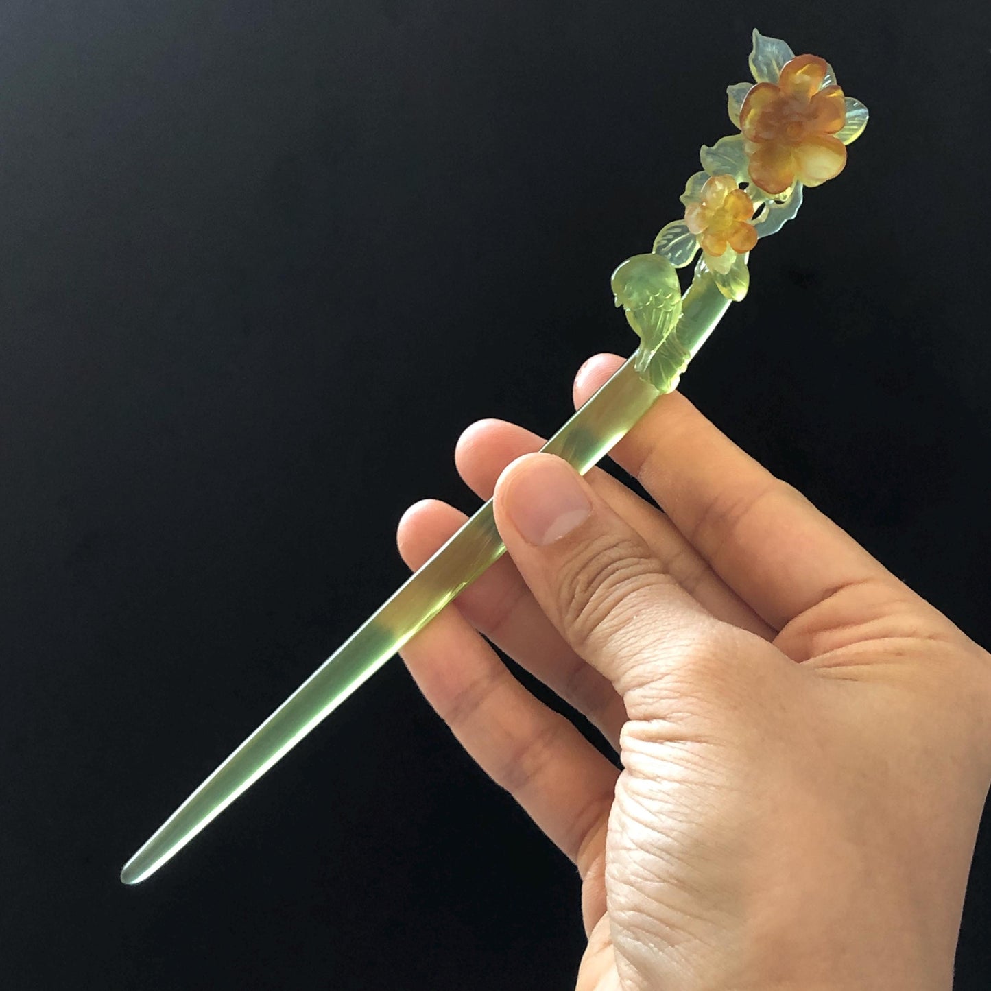 Certificate Natural Xiu Jade (Serpentine) Hand Carved Green Bird & Orange Flower Hair Pin | Jade Hair Stick | Asian Chinese Vintage Style