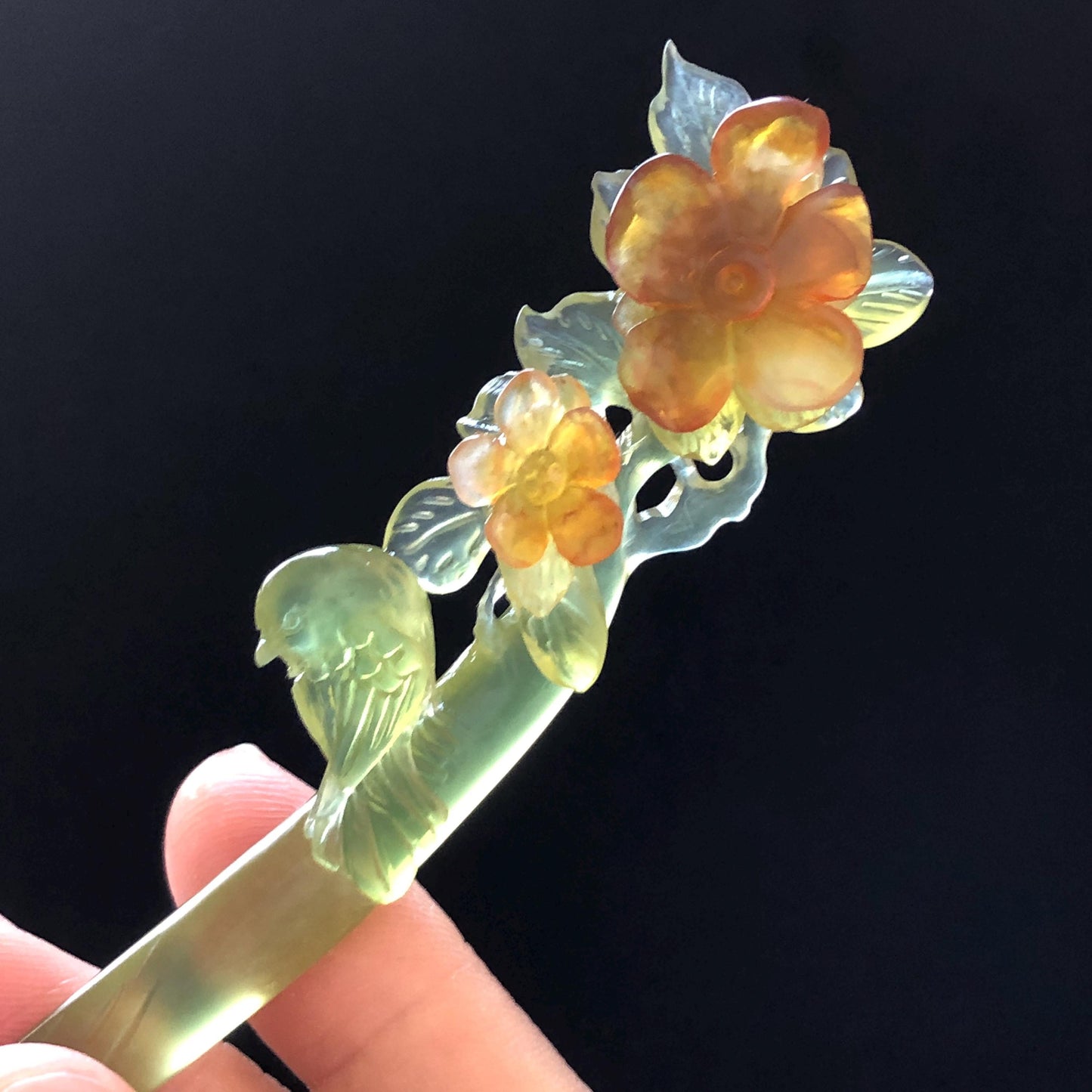 Certificate Natural Xiu Jade (Serpentine) Hand Carved Green Bird & Orange Flower Hair Pin | Jade Hair Stick | Asian Chinese Vintage Style