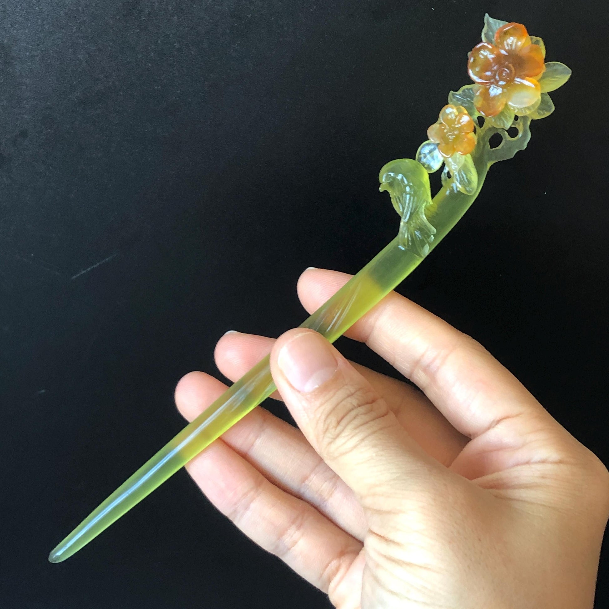 Certificate Natural Xiu Jade (Serpentine) Hand Carved Green Bird & Orange Flower Hair Pin | Jade Hair Stick | Asian Chinese Vintage Style