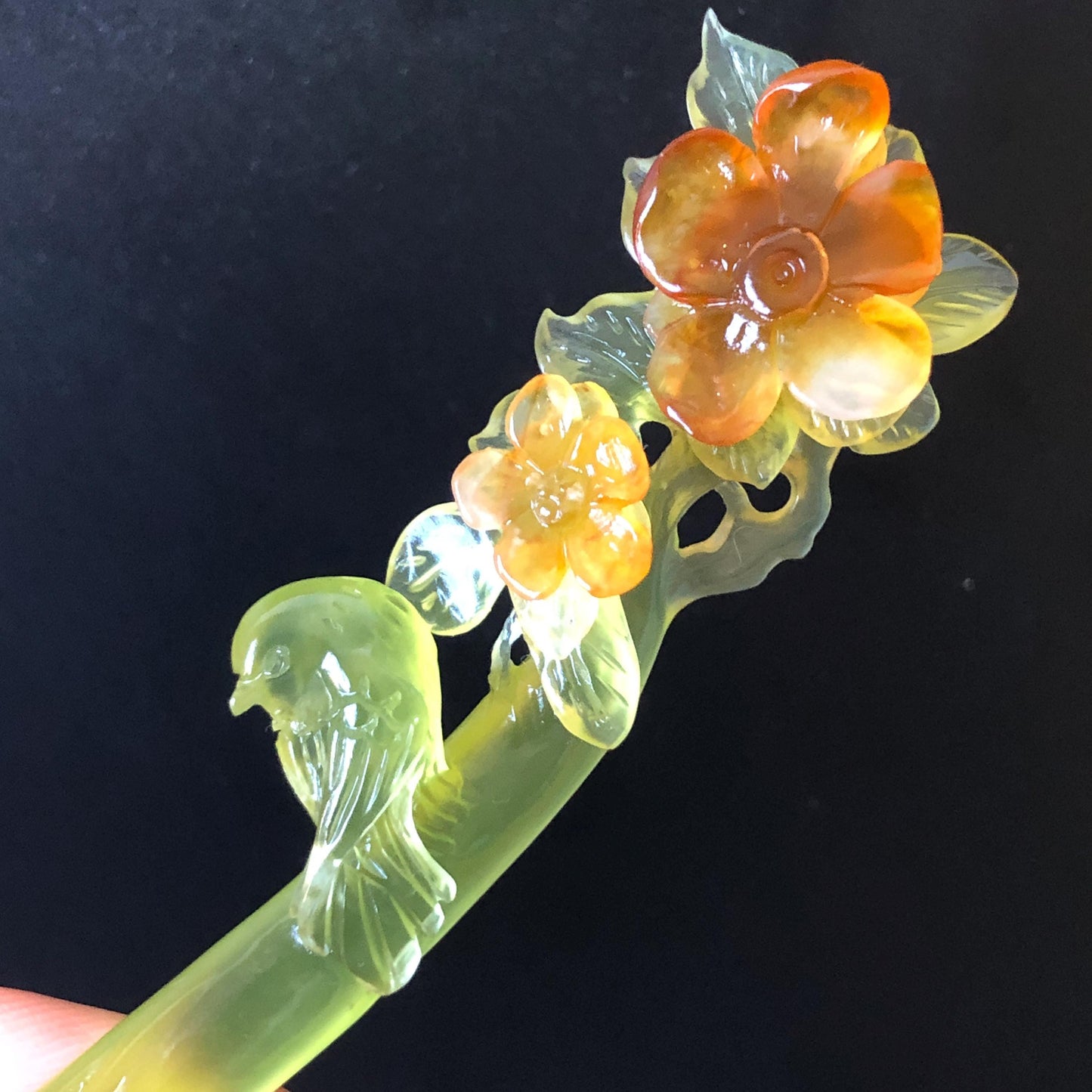 Certificate Natural Xiu Jade (Serpentine) Hand Carved Green Bird & Orange Flower Hair Pin | Jade Hair Stick | Asian Chinese Vintage Style