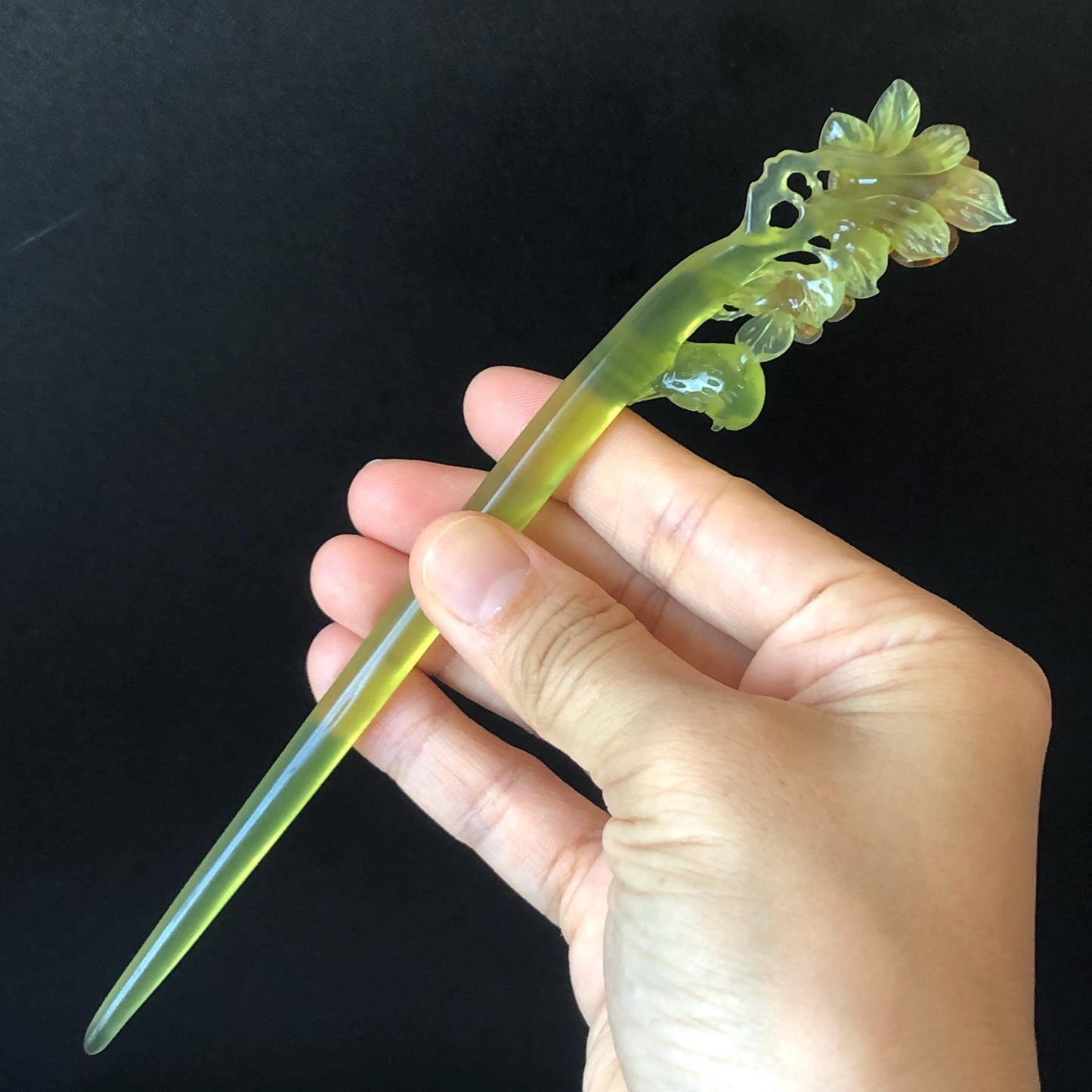 Certificate Natural Xiu Jade (Serpentine) Hand Carved Green Bird & Orange Flower Hair Pin | Jade Hair Stick | Asian Chinese Vintage Style