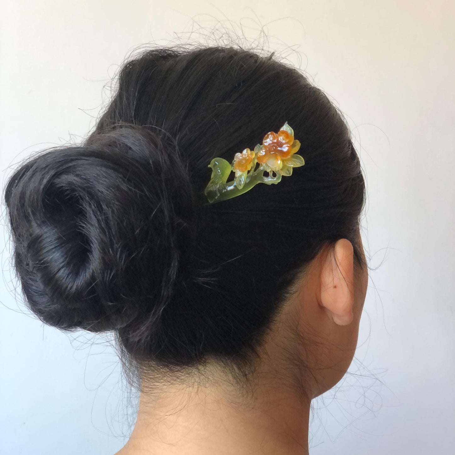 Certificate Natural Xiu Jade (Serpentine) Hand Carved Green Bird & Orange Flower Hair Pin | Jade Hair Stick | Asian Chinese Vintage Style