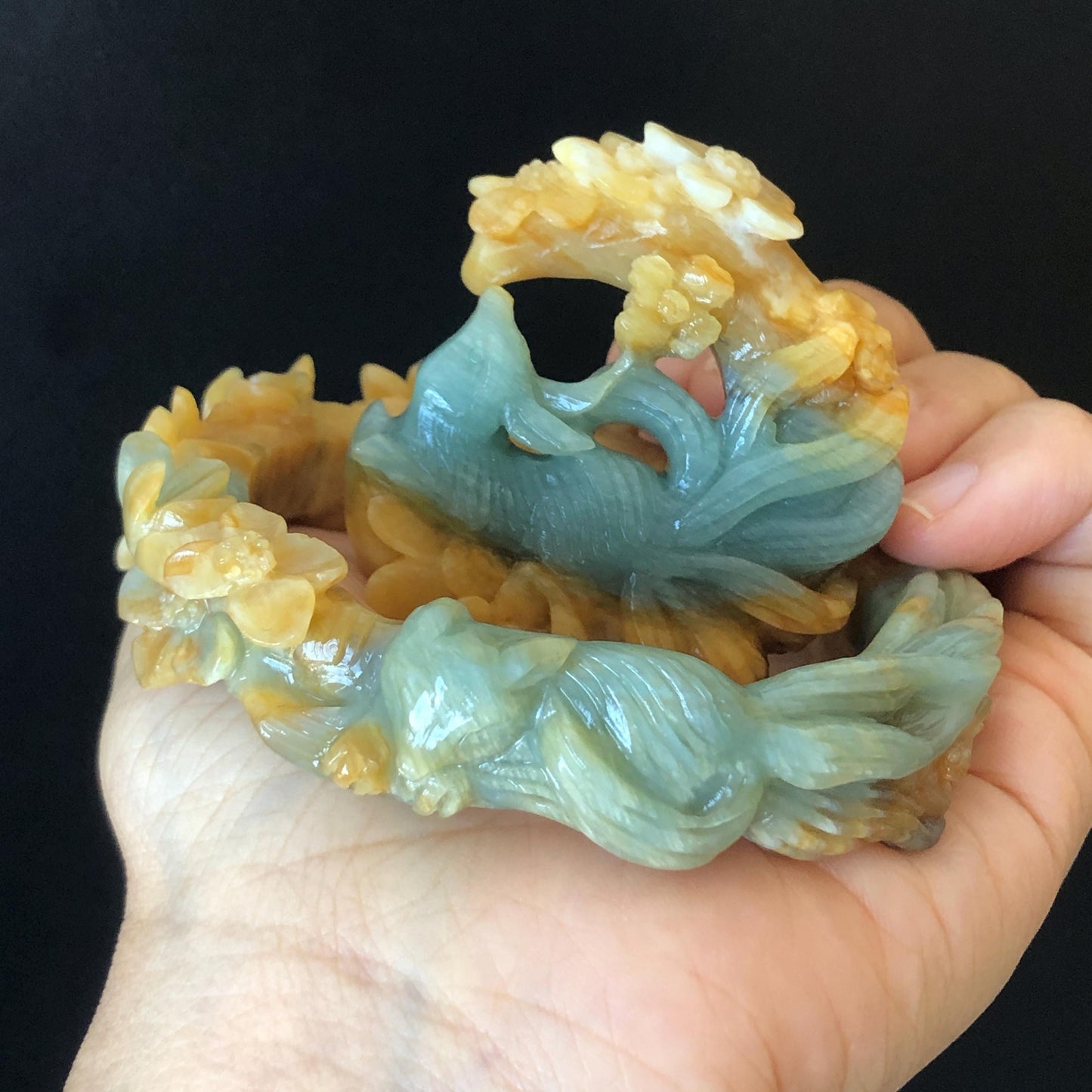 54.9mm Certificated Natural Xiu Jade Serpentine Hand Carved Nine-tailed fox with moon & flower bangle and pendant set | Custom Size Bracelet