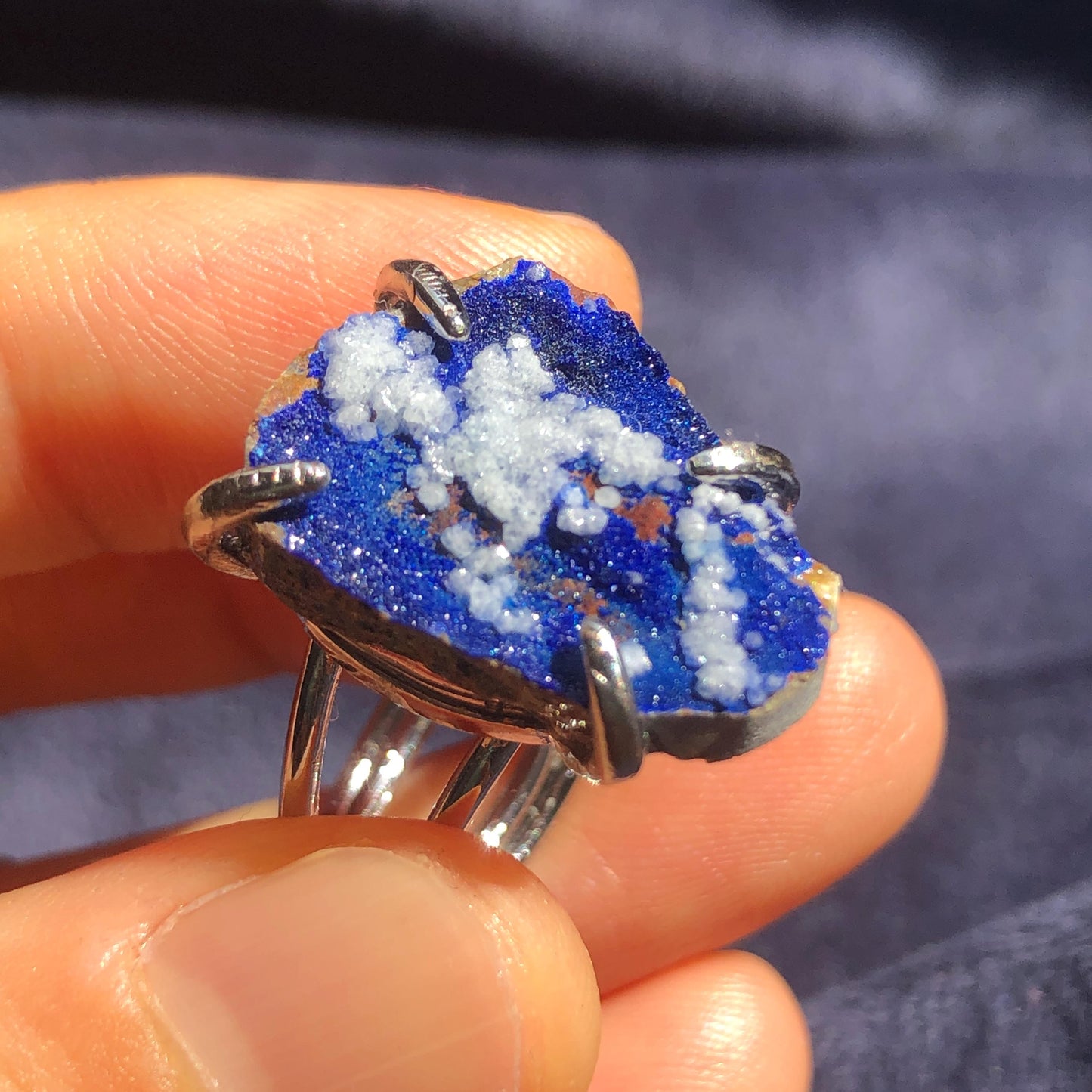 Raw Azurite with Gypsum plaster Ring, Shiny Raw Stone Ring Blue, Sparky Raw Crystal Ring, Irregular Statement Ring, Rough Gemstone Rock Ring, silver-plated copper ring, irregular ring gift for her and him, Birthstone ring gift for men and women