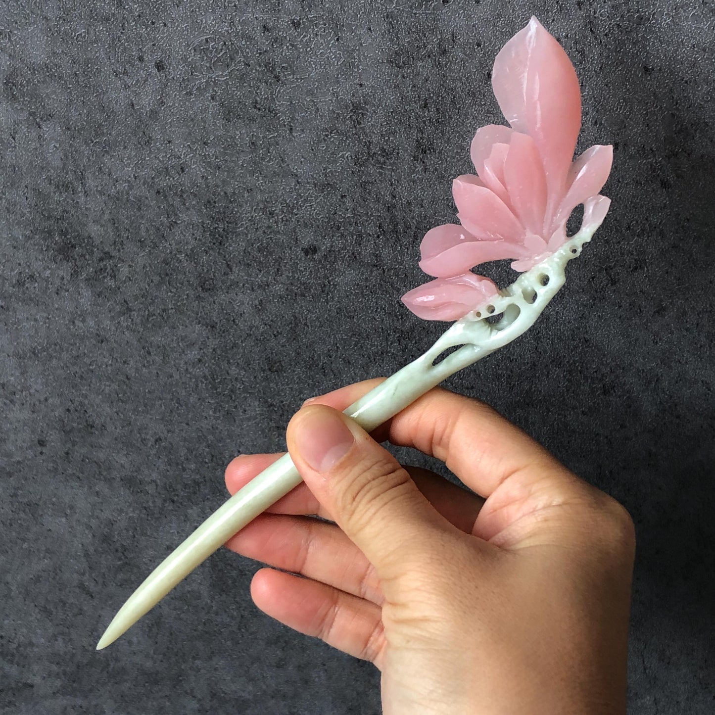 Natural Xiu Jade (Serpentine) Hand Carved Yulan Flower Hair Pin | Jade Hair Stick | Pink Green| Asian Chinses Vintage Style | Gift for her