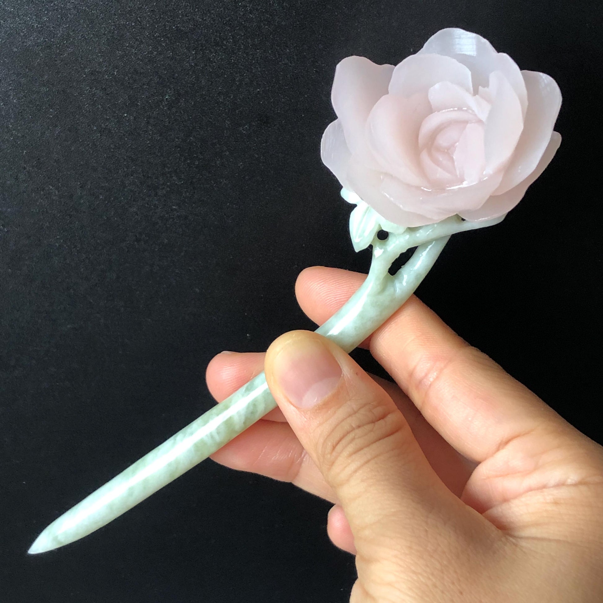 Natural Xiu Jade (Serpentine) Hand Carved Peony Flower Hair Pin | Jade Hair Stick | Pink Green | Asian Chinese Vintage Style | Gift for her