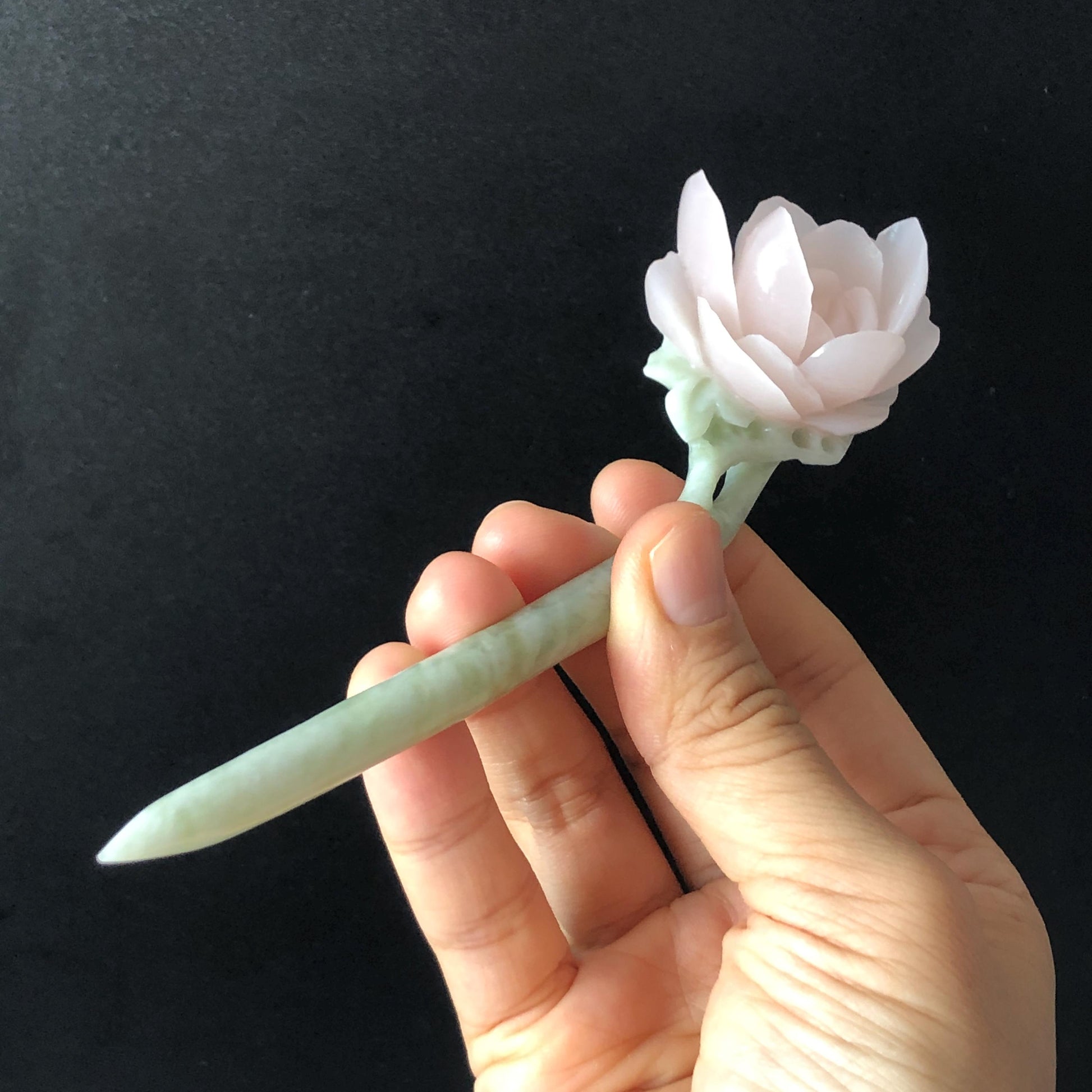 Natural Xiu Jade (Serpentine) Hand Carved Peony Flower Hair Pin | Jade Hair Stick | Pink Green | Asian Chinese Vintage Style | Gift for her