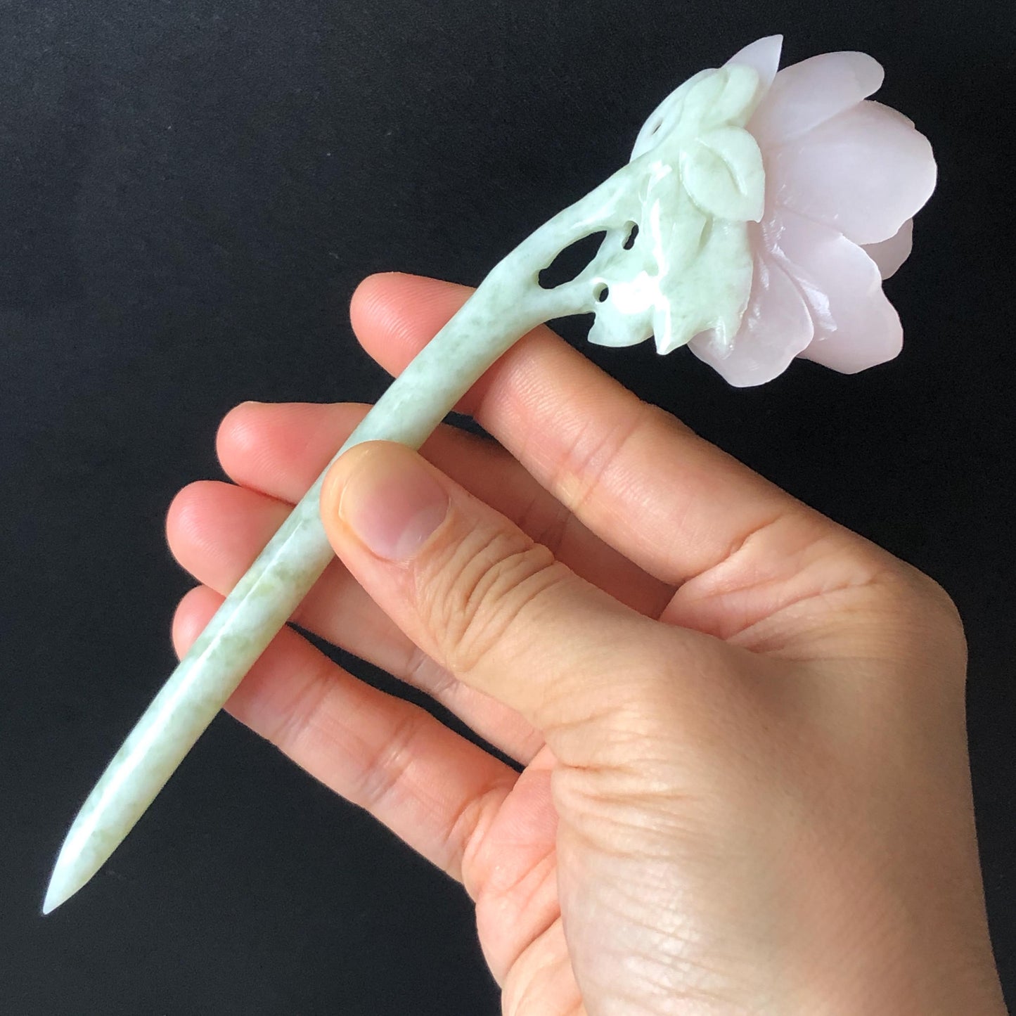 Natural Xiu Jade (Serpentine) Hand Carved Peony Flower Hair Pin | Jade Hair Stick | Pink Green | Asian Chinese Vintage Style | Gift for her