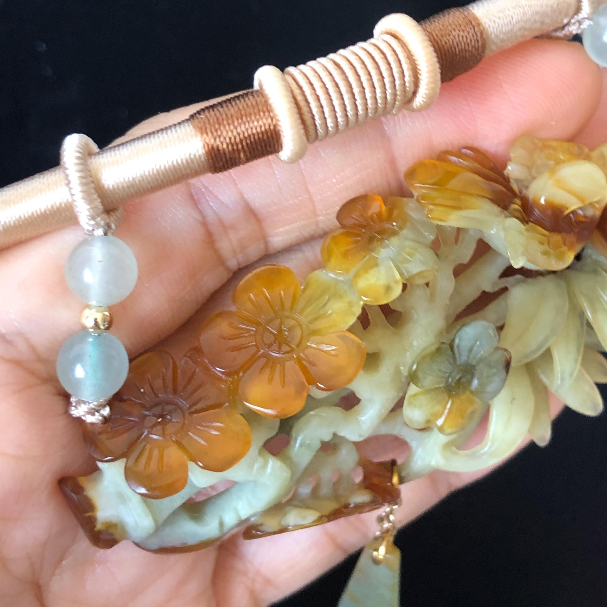 Natural Xiu Jade Hand Carved Magpie Birds Flower Pendant Vinatge Necklace | Yellow Green Red | Good Luck Charm | Natural Serpentine Stone, Chinese Traditional Necklace, Vintage Antique Necklace, edgy modern necklace for women, adjustable choker