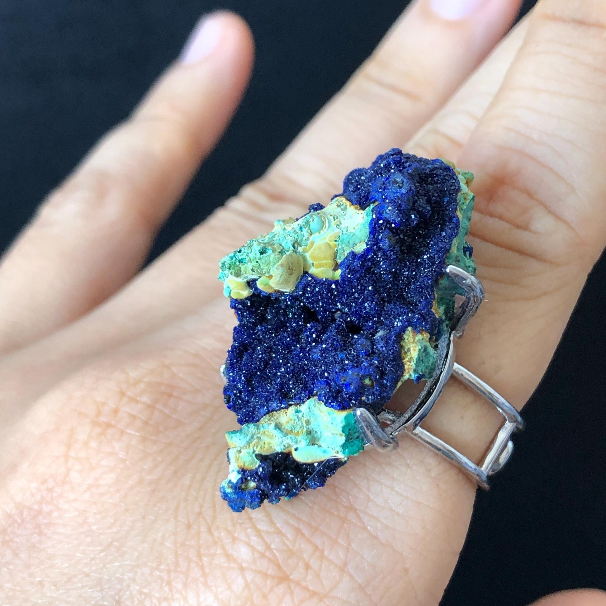 Raw Azurite Malachite Ring, Floating Island, Sparky Shiny Raw Stone Ring Big Raw Crystal Ring, Large Statement Ring, Chunky Irregular ring, silver-plated copper ring, gift for him and her, Huge Cocktail Ring for Men and Women, Adjustable Band Ring