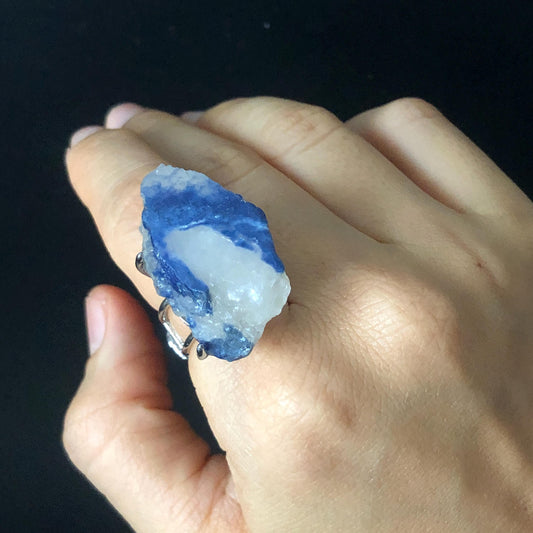 Raw Dumortierite Ring, Blue Raw Stone Ring, Rough Crystal Ring, Chunky Irregular Statement Ring, adjustable band ring for men women, natural untreated gemstone jewelry, large cocktail ring, birthstone ring gift for her him, silver-plated copper ring