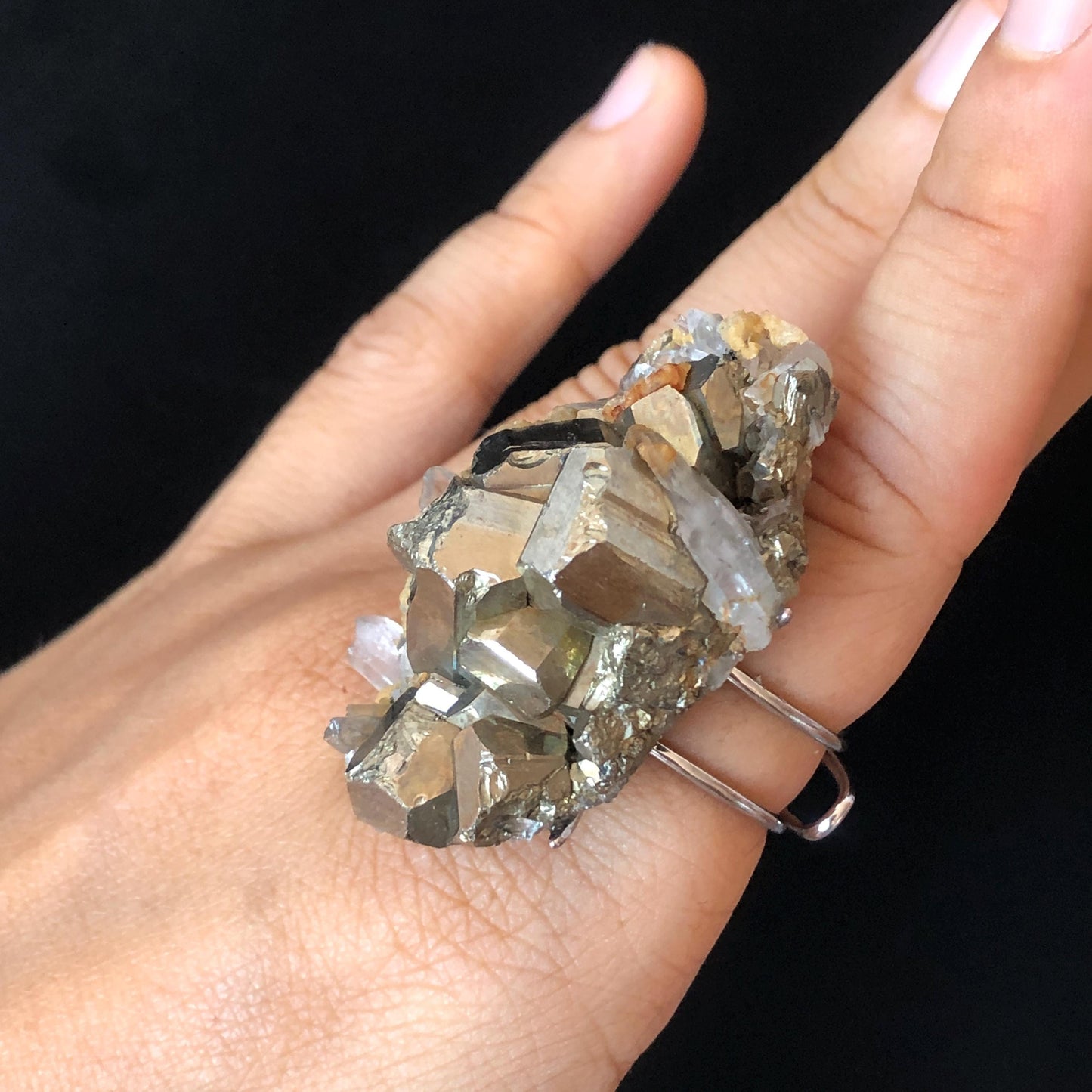 raw pyrite ring with dolomite quartz, Pyrite Gemstone ring, shiny Chunky huge crystal ring, Big large raw stone ring, Huge statement Ring