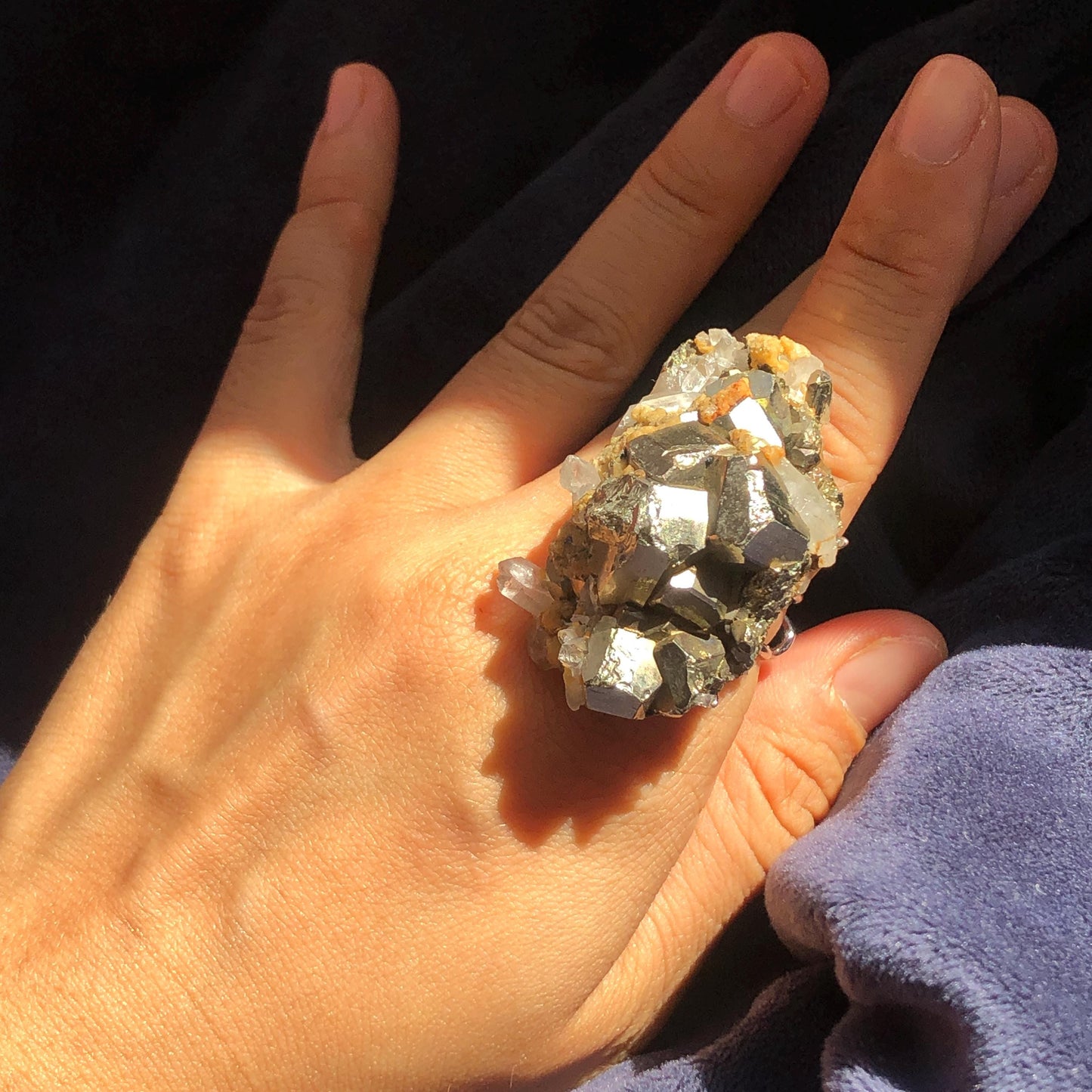 raw pyrite ring with dolomite quartz, Pyrite Gemstone ring, shiny Chunky huge crystal ring, Big large raw stone ring, Huge statement Ring