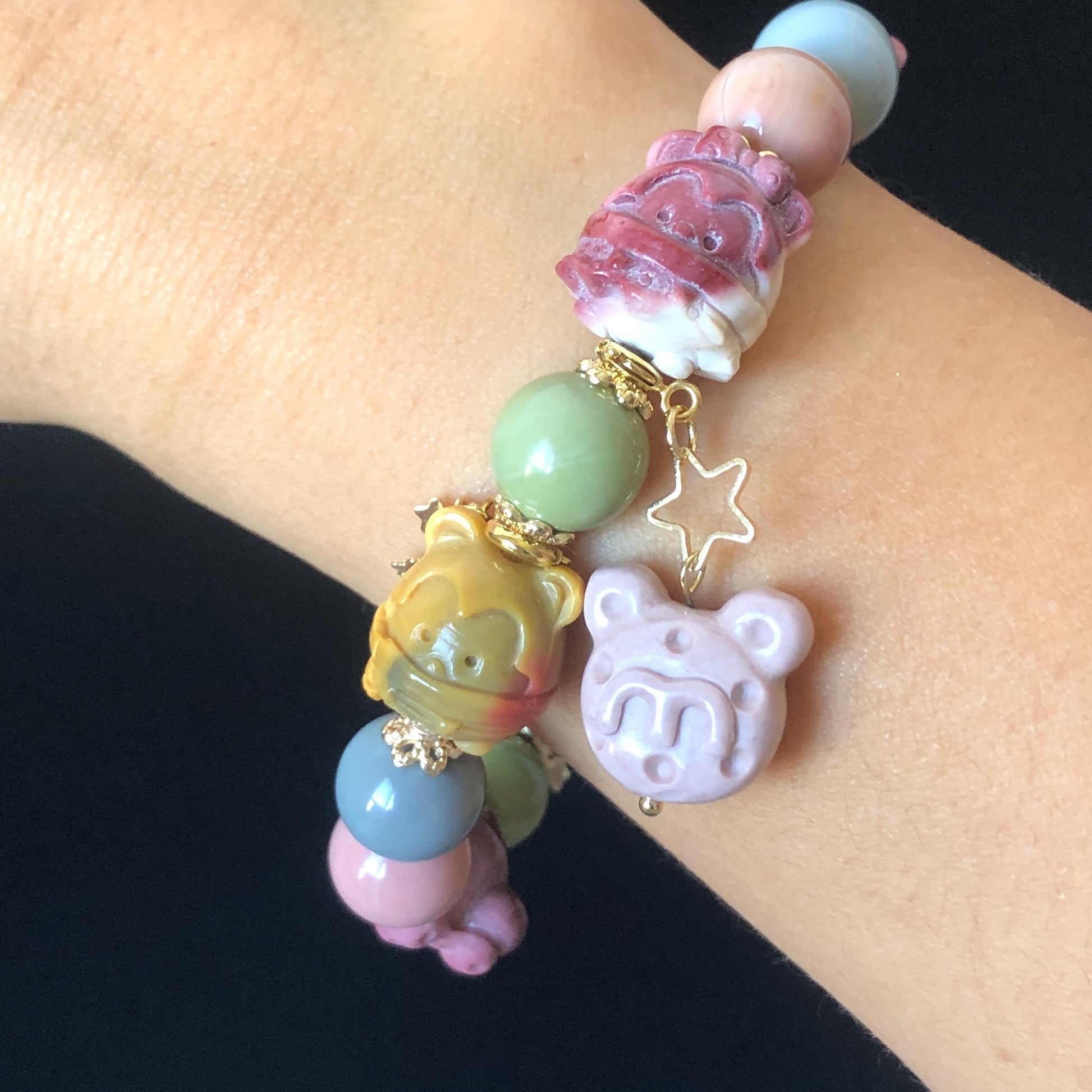 Alashan Agate Disney Micky Minnie Mouse with Candy Donut Ribbon Bead Bracelet | Removable Dangler Chain | Macaroon Rainbow Crystal Gemstone