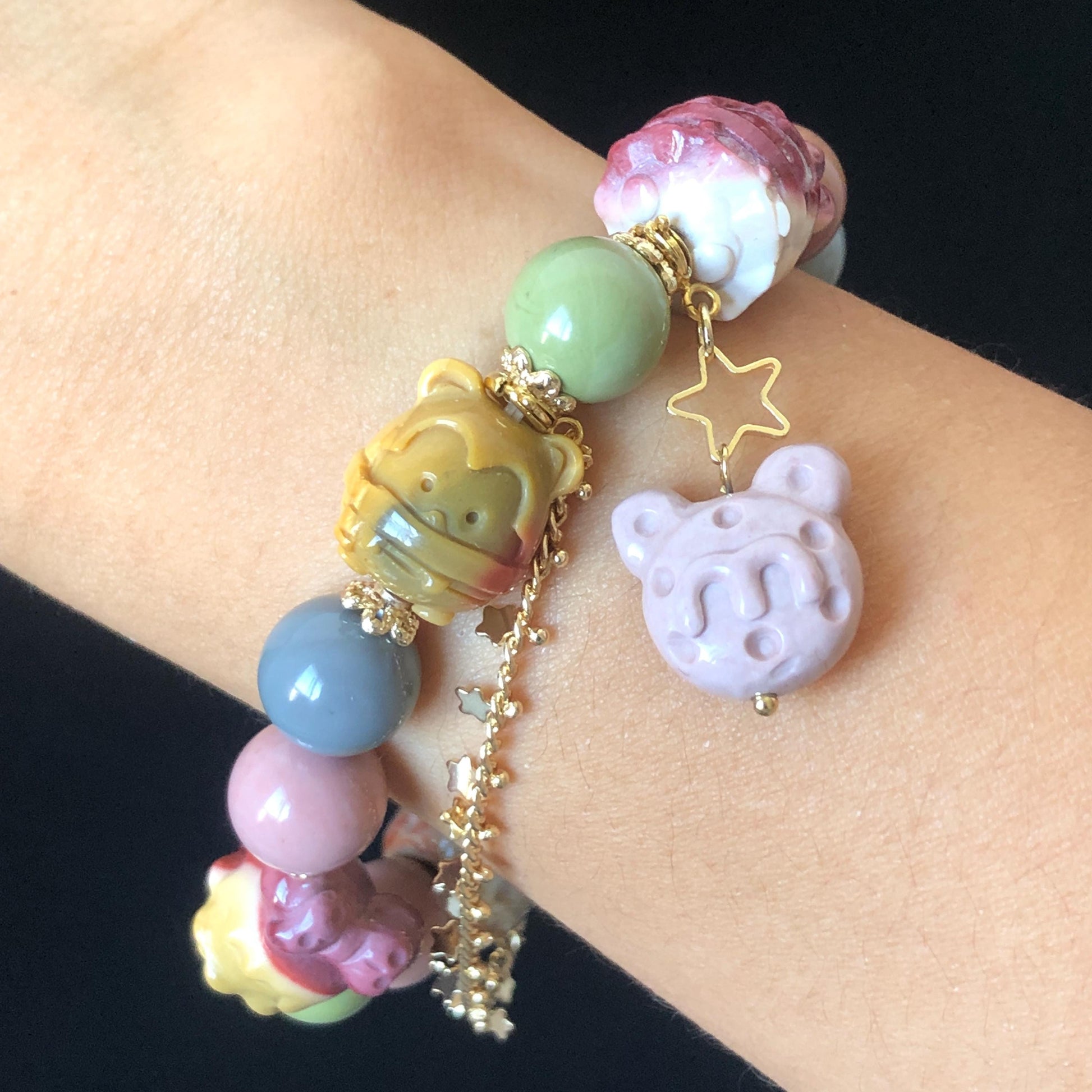 Alashan Agate Disney Micky Minnie Mouse with Candy Donut Ribbon Bead Bracelet | Removable Dangler Chain | Macaroon Rainbow Crystal Gemstone