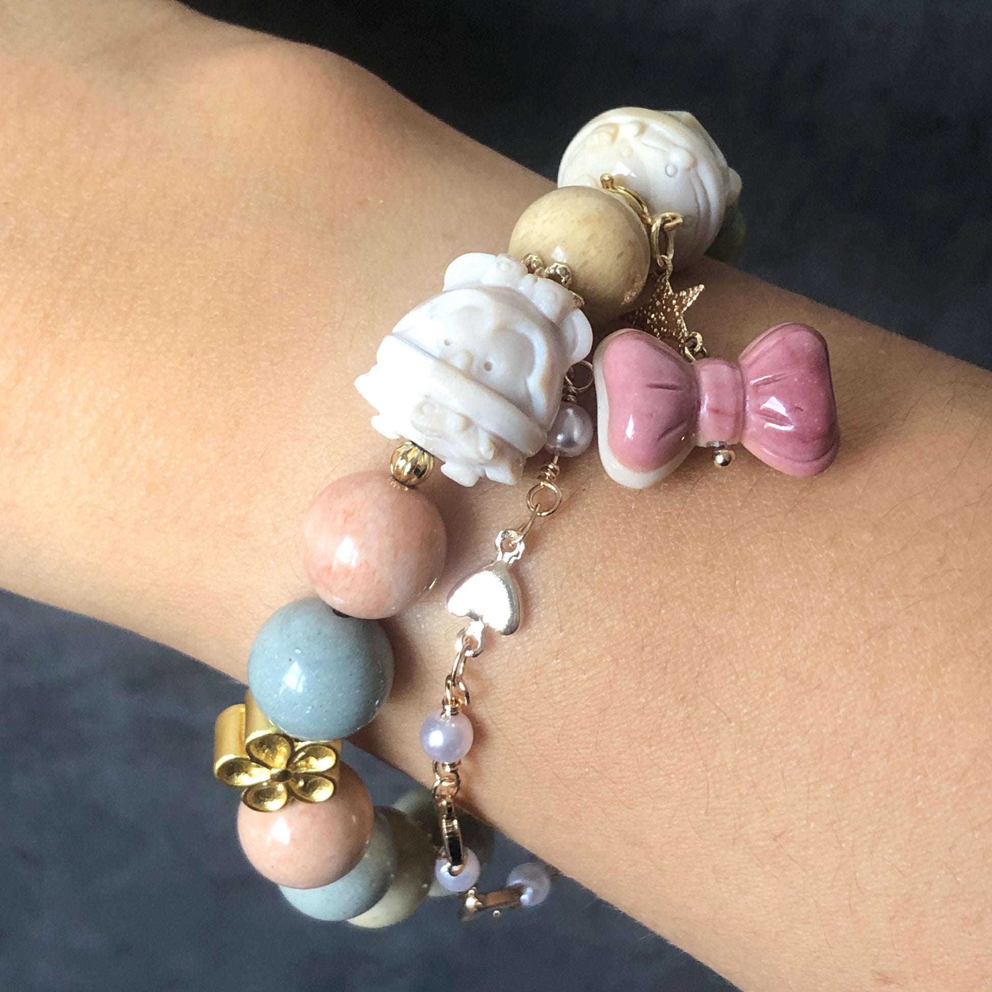 Alashan Agate Disney Micky Minnie Mouse, with carved Ribbon and Flower, Bead Bracelet, Removable Dangler Chain, Milky Macaroon Color, Crystal Gemstone Stone Bracelet, carved gemstone bead, gold-plated accessory, gift for her and him, custom made