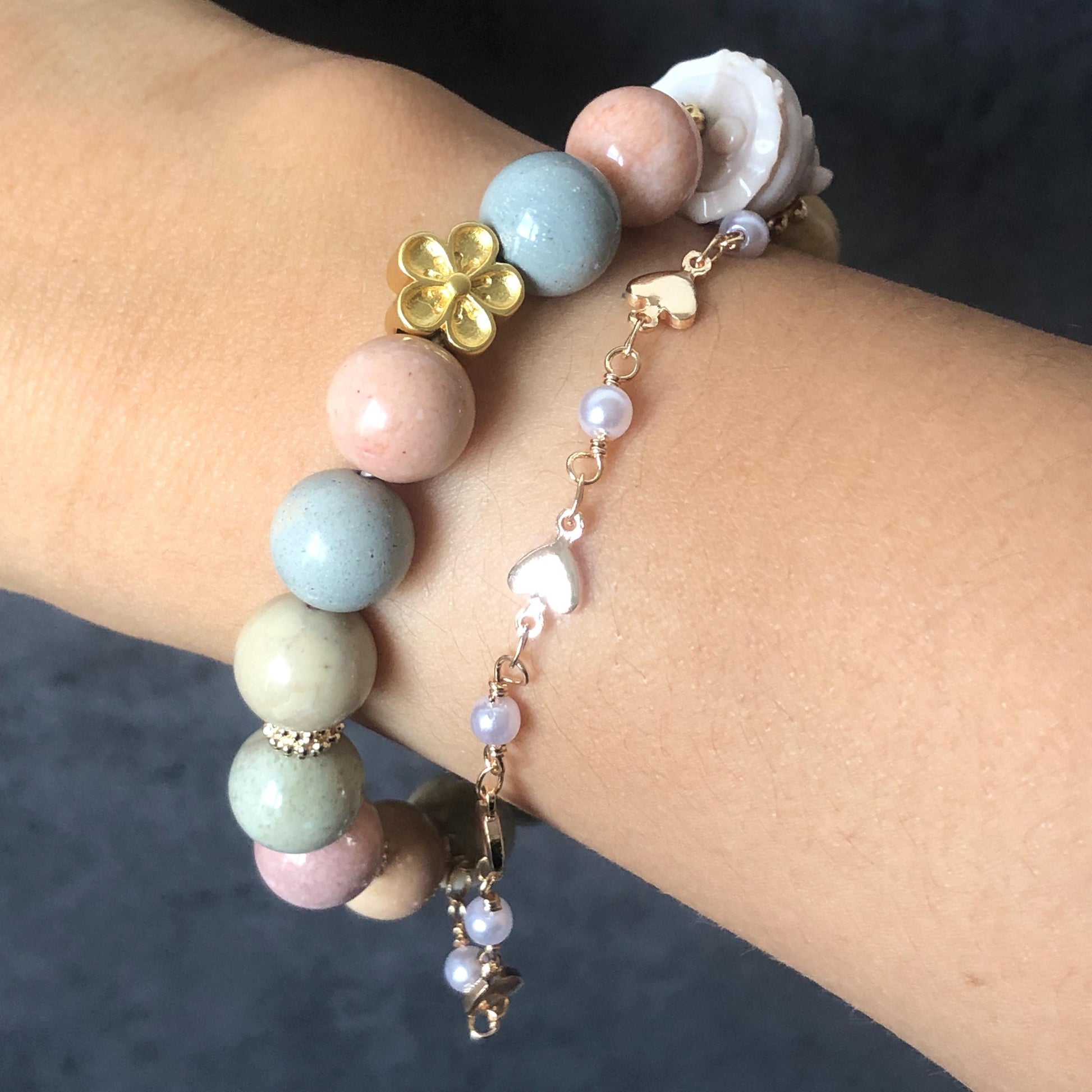 Alashan Agate Disney Micky Minnie Mouse, with carved Ribbon and Flower, Bead Bracelet, Removable Dangler Chain, Milky Macaroon Color, Crystal Gemstone Stone Bracelet, carved gemstone bead, gold-plated accessory, gift for her and him, custom made