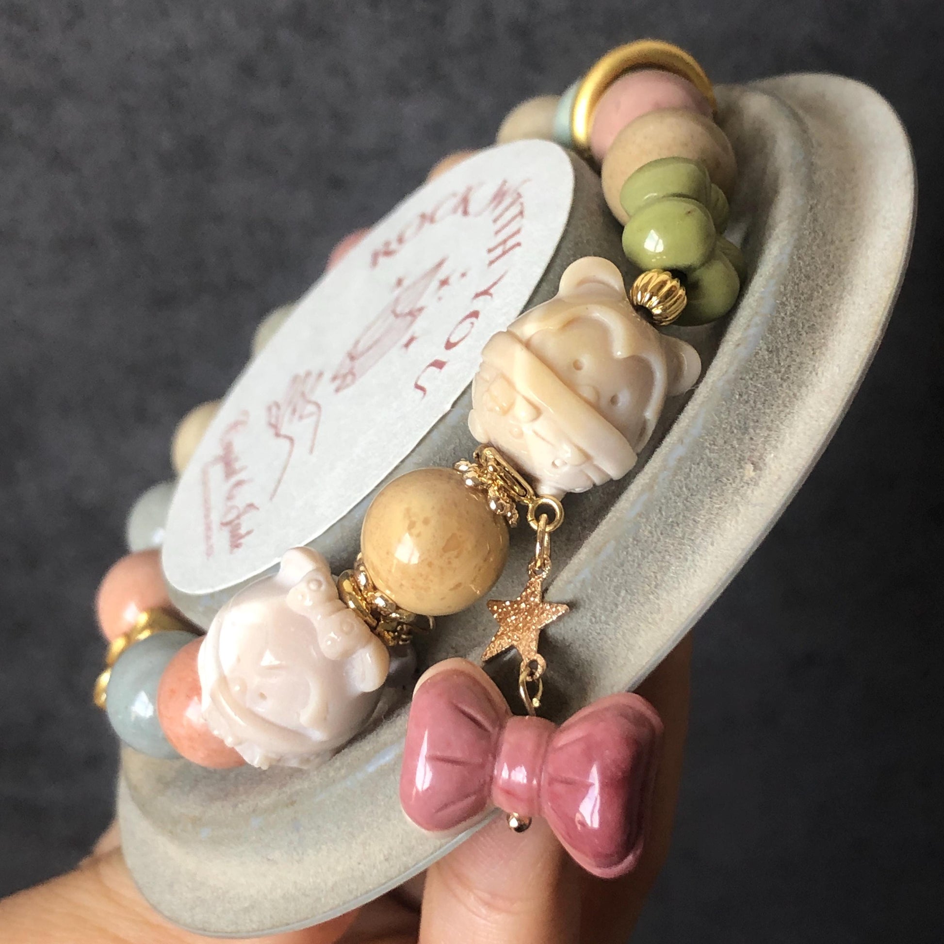 Alashan Agate Disney Micky Minnie Mouse, with carved Ribbon and Flower, Bead Bracelet, Removable Dangler Chain, Milky Macaroon Color, Crystal Gemstone Stone Bracelet, carved gemstone bead, gold-plated accessory, gift for her and him, custom made