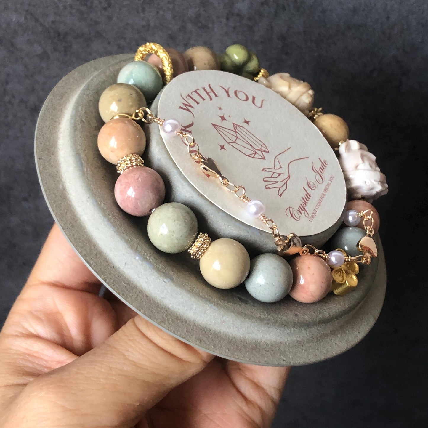 Alashan Agate Disney Micky Minnie Mouse, with carved Ribbon and Flower, Bead Bracelet, Removable Dangler Chain, Milky Macaroon Color, Crystal Gemstone Stone Bracelet, carved gemstone bead, gold-plated accessory, gift for her and him, custom made