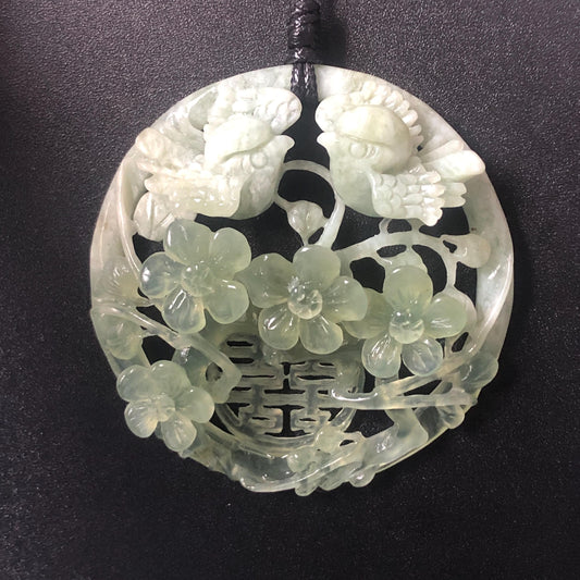 Certified Xiu Jade Hand Carved Magpie Birds Flower Pendant Adjustable Necklace, “囍” Charm, Green & White, Serpentine Stone Gemstone, Natural Green Jade, white jade, choker necklace, plum blossom, double happiness, good luck charm, marriage gift