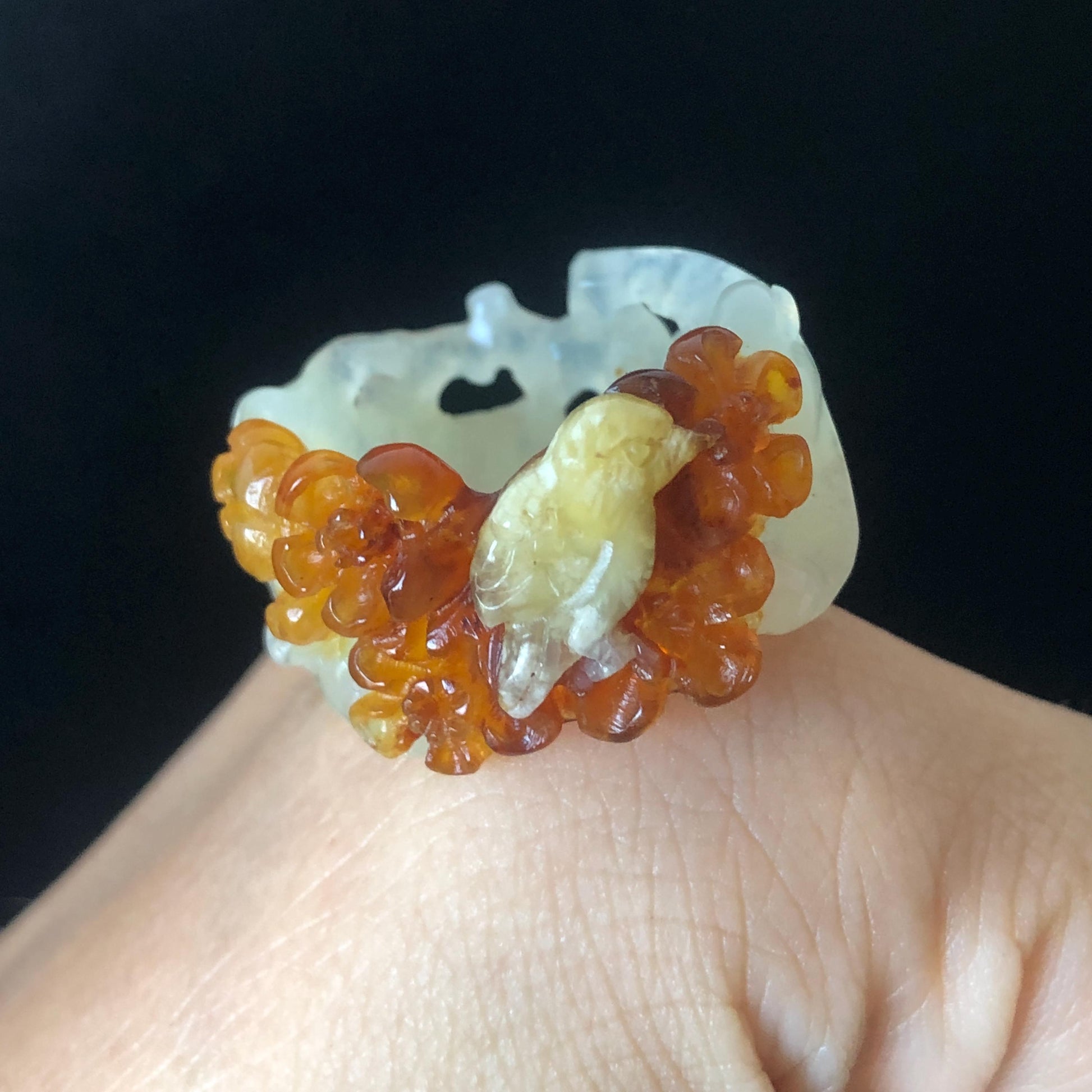 Natural Xiu Jade Hand Carved Bird, Flower, Tree Branches Ring, 17.3mm (US 6.5-7), Red & White, Serpentine Stone Crystal Gemstone Gift for her and him, jade statement ring, jade band ring, thumb ring, ring pendant, engarved flower ring