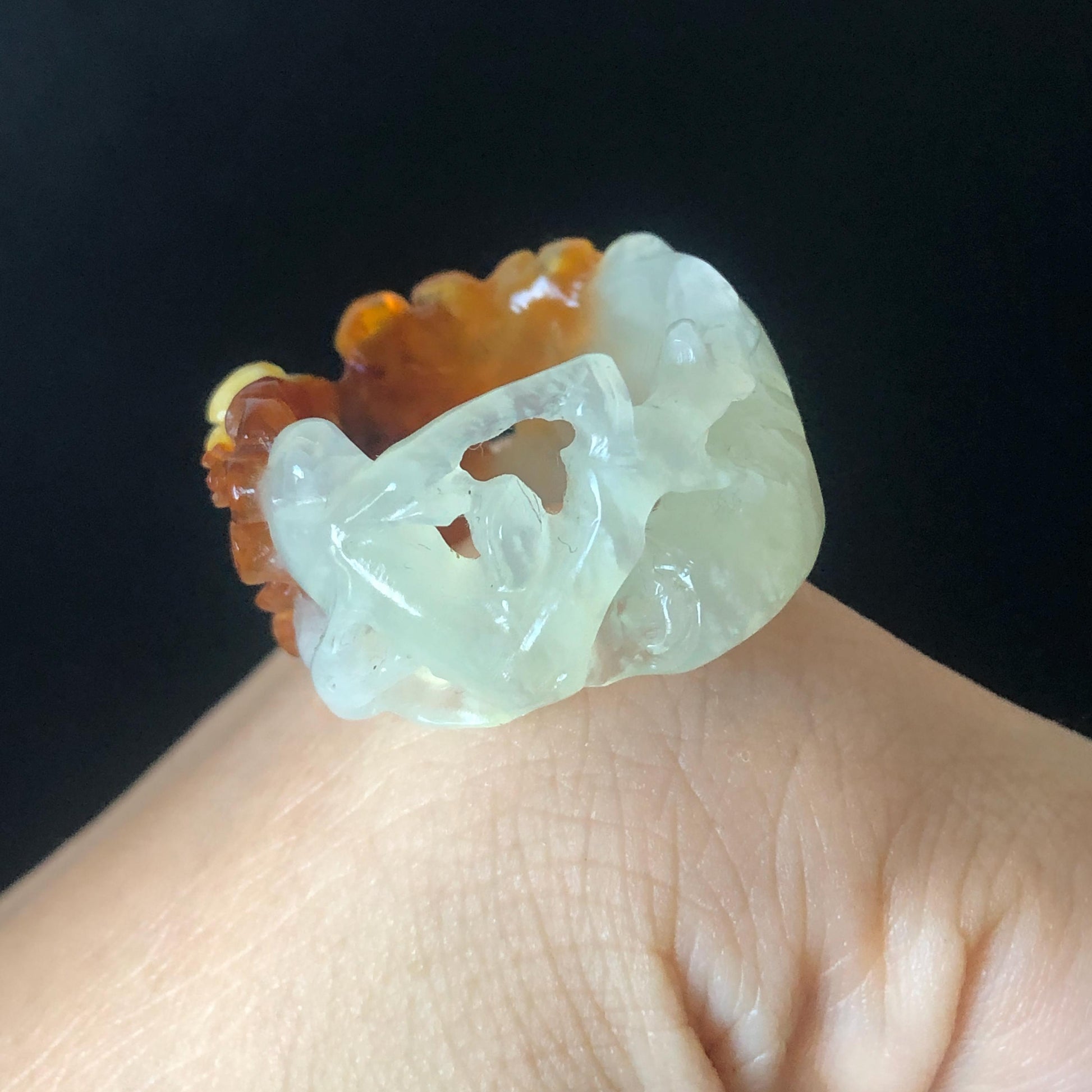 Natural Xiu Jade Hand Carved Bird, Flower, Tree Branches Ring, 17.3mm (US 6.5-7), Red & White, Serpentine Stone Crystal Gemstone Gift for her and him, jade statement ring, jade band ring, thumb ring, ring pendant, engarved flower ring