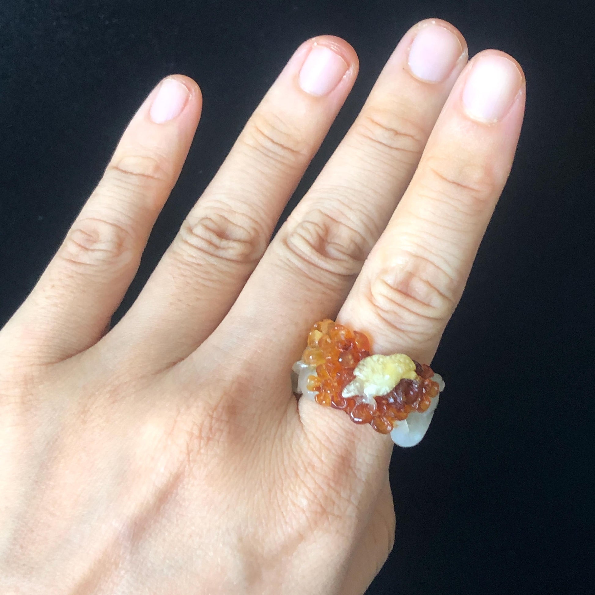 Natural Xiu Jade Hand Carved Bird, Flower, Tree Branches Ring, 17.3mm (US 6.5-7), Red & White, Serpentine Stone Crystal Gemstone Gift for her and him, jade statement ring, jade band ring, thumb ring, ring pendant, engarved flower ring