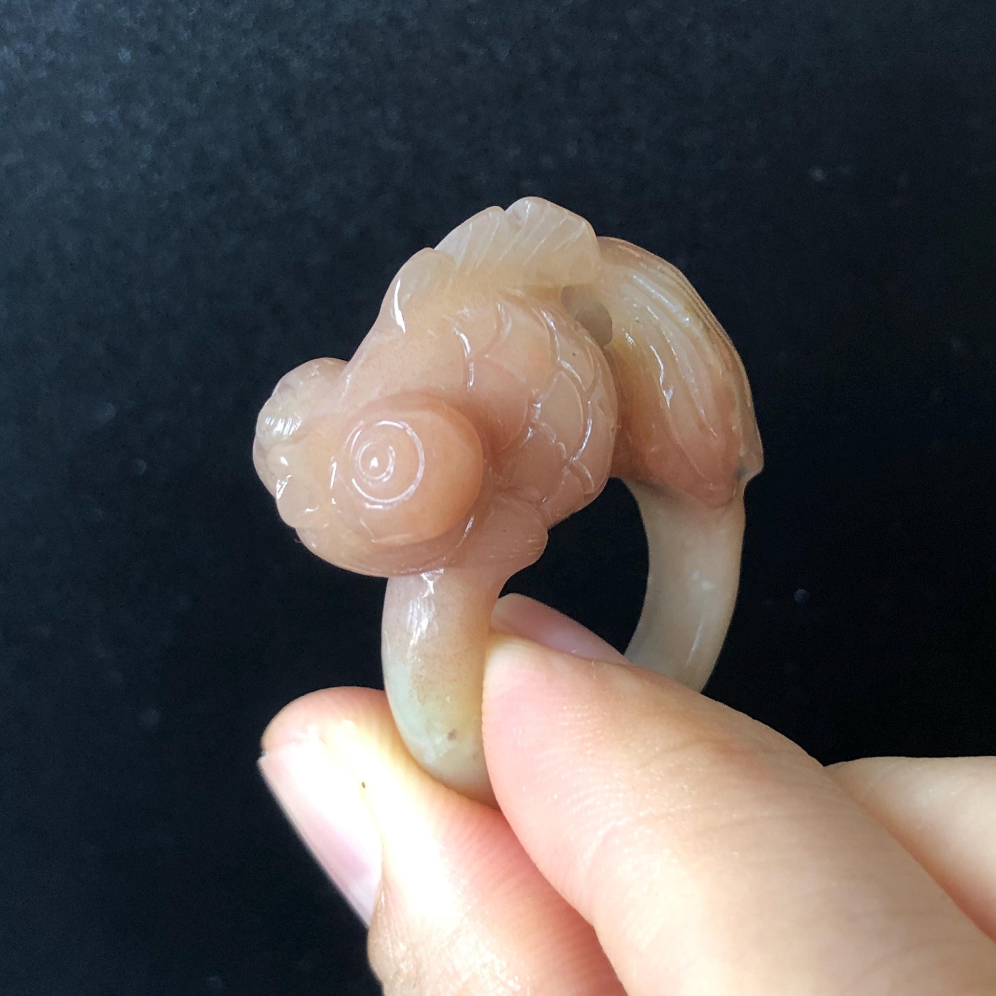 Natural Xiu Jade Hand Carved Goldfish Ring | 17mm (US 7-7.5) | Carol Orange Band Ring | Serpentine Crystal Stone Gemstone Statement Ring, carved stone ring, engraved gemstone ring, hand carved crystal ring, cute fish ring, jade carving, gift for her