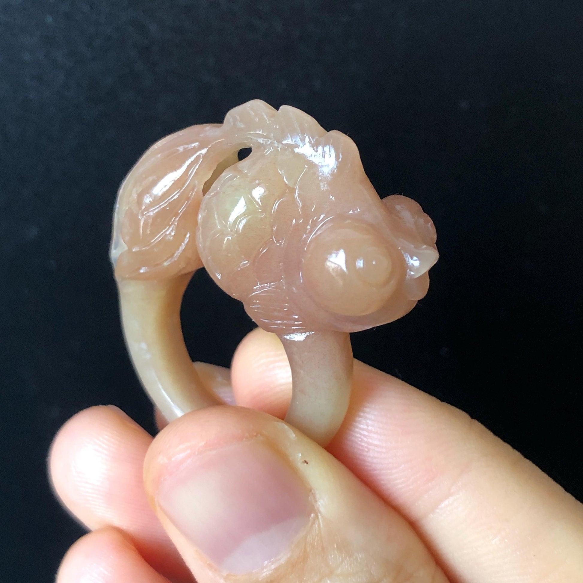 Natural Xiu Jade Hand Carved Goldfish Ring | 17mm (US 7-7.5) | Carol Orange Band Ring | Serpentine Crystal Stone Gemstone Statement Ring, carved stone ring, engraved gemstone ring, hand carved crystal ring, cute fish ring, jade carving, gift for her