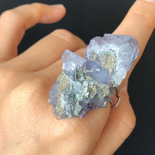 Raw Fluorite Pyrite Ring, Purple Fluorite Sparky Pyrite, Big Raw Stone Ring Big Crystal Ring, Chunky Irregular Ring, Large Statement Ring, zodiac ring, raw mineral ring, huge cocktail ring, shiny crystal ring for men and women, gift for her and him