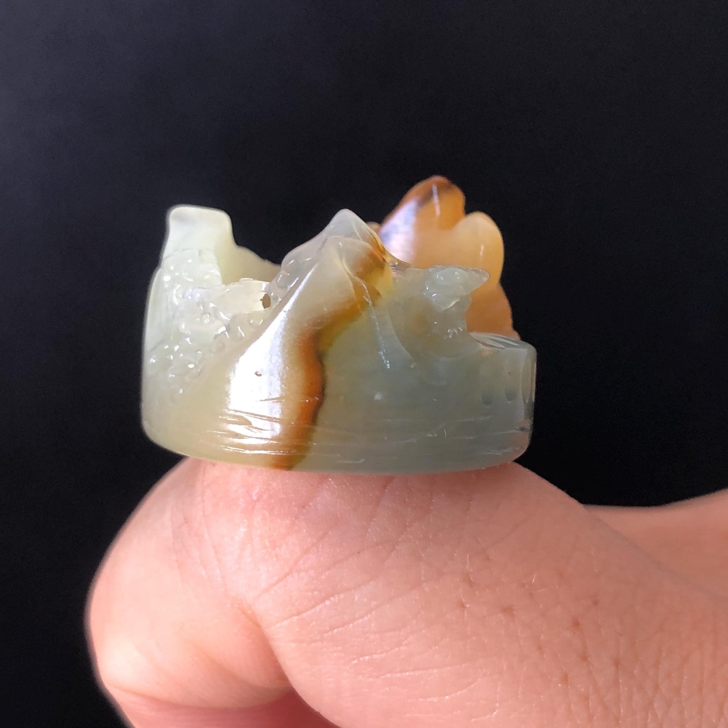 Xiu Jade Hand Carved Landscape Ring | 16.2mm (US 7-7.5) | multicolor | Serpentine Stone | Statement Ring | Thumb Ring Pendant Gift, Engraved Mountain Tree Countryside Ring, Jade Carving, greenish blue, white, yellow, reddish brown, Chinese Painting