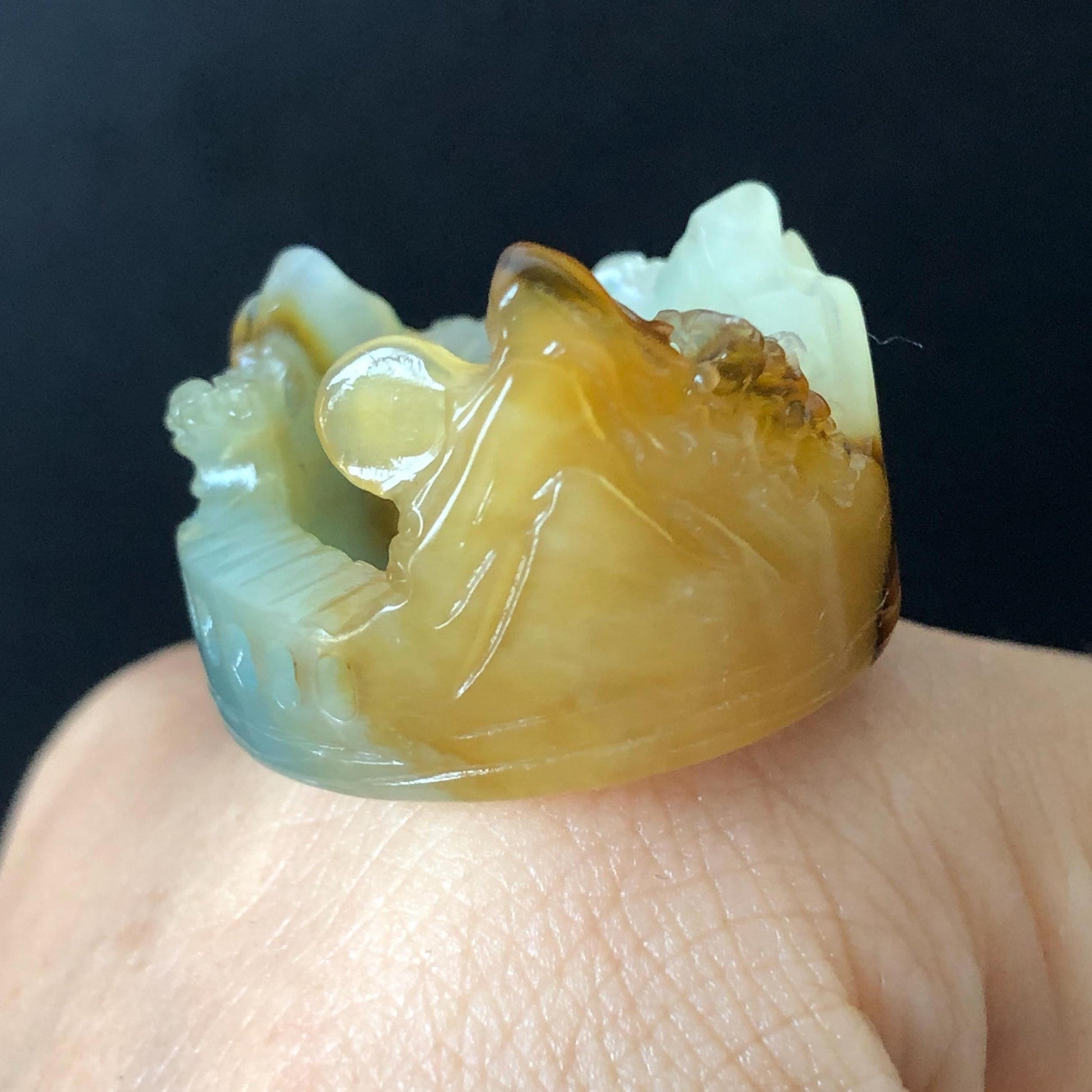 Xiu Jade Hand Carved Landscape Ring | 16.2mm (US 7-7.5) | multicolor | Serpentine Stone | Statement Ring | Thumb Ring Pendant Gift, Engraved Mountain Tree Countryside Ring, Jade Carving, greenish blue, white, yellow, reddish brown, Chinese Painting